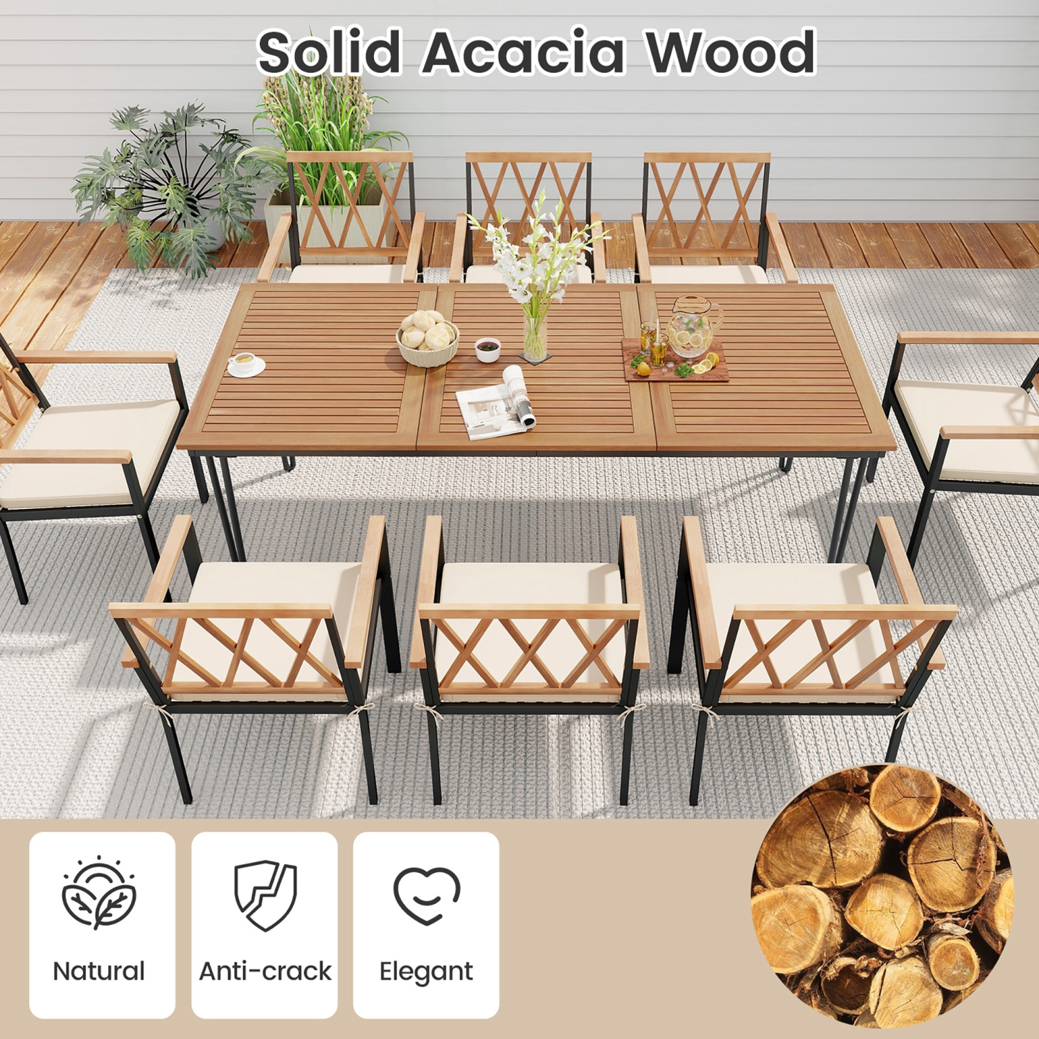 Gymax 9 PCS Patio Dining Set Rectangular Dining Table w/ Acacia Wood Top Umbrella Hole