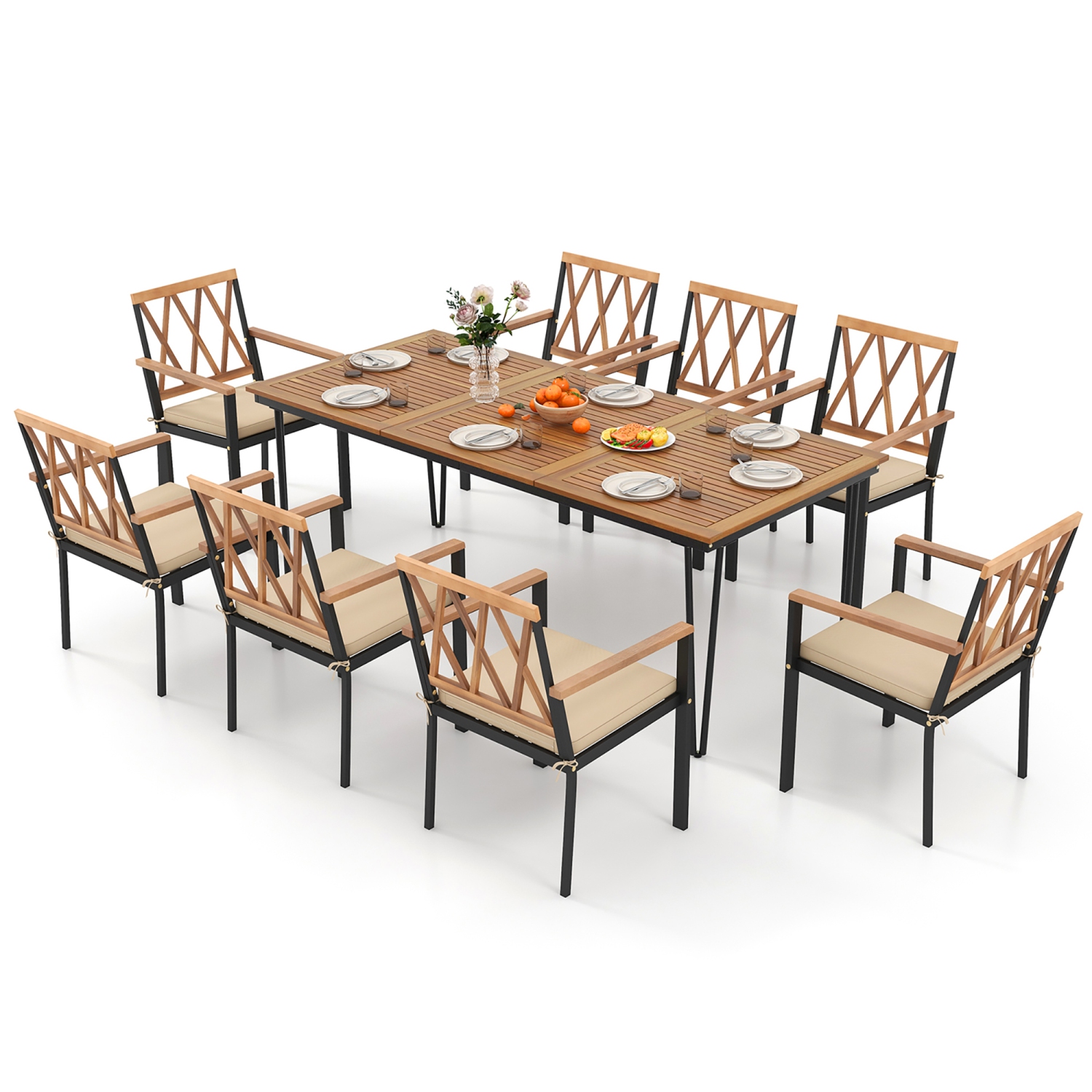 Gymax 9 PCS Patio Dining Set Rectangular Dining Table w/ Acacia Wood Top Umbrella Hole