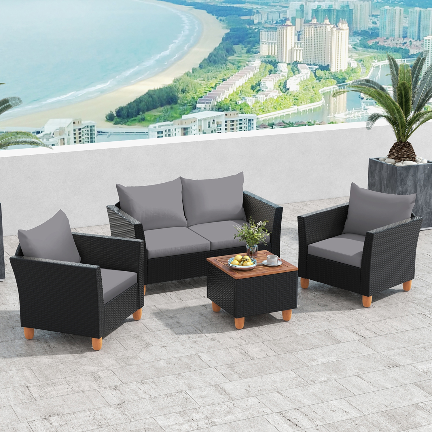 Gymax 4 PCS Wicker Patio Furniture Set w/ Removable Cushions Storage Coffee Table