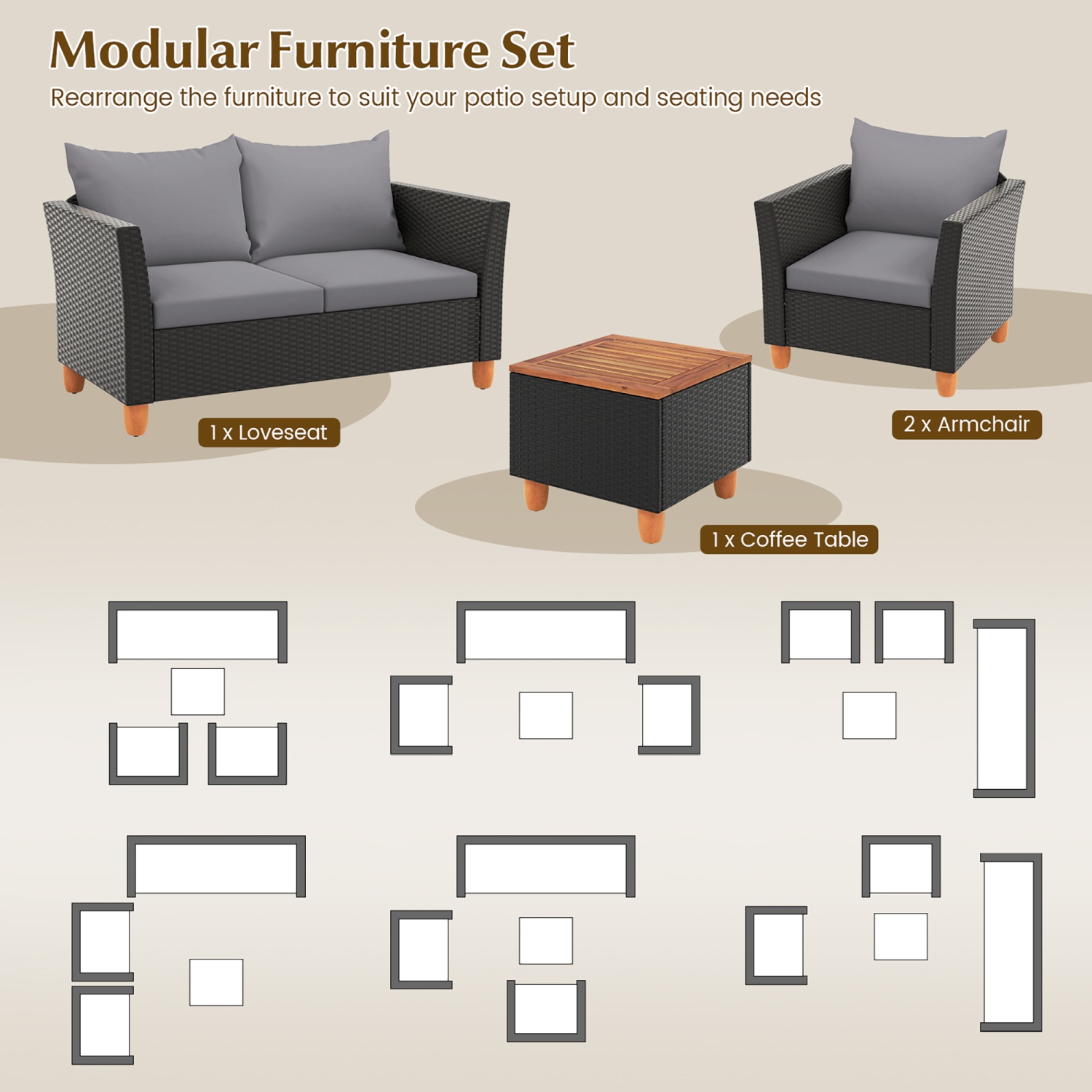Gymax 4 PCS Wicker Patio Furniture Set w/ Removable Cushions Storage Coffee Table