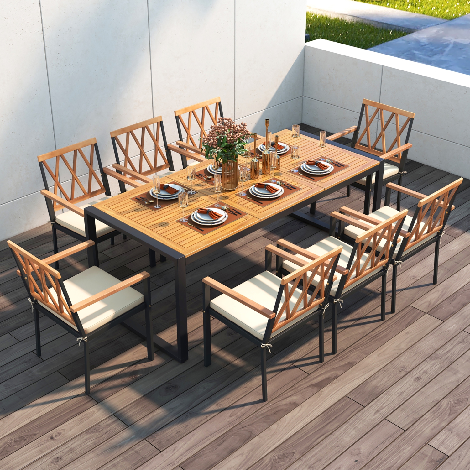Gymax 9 Pieces Patio Dining Set w/ Soft Cushions and 1.9'' Umbrella Hole for Garden