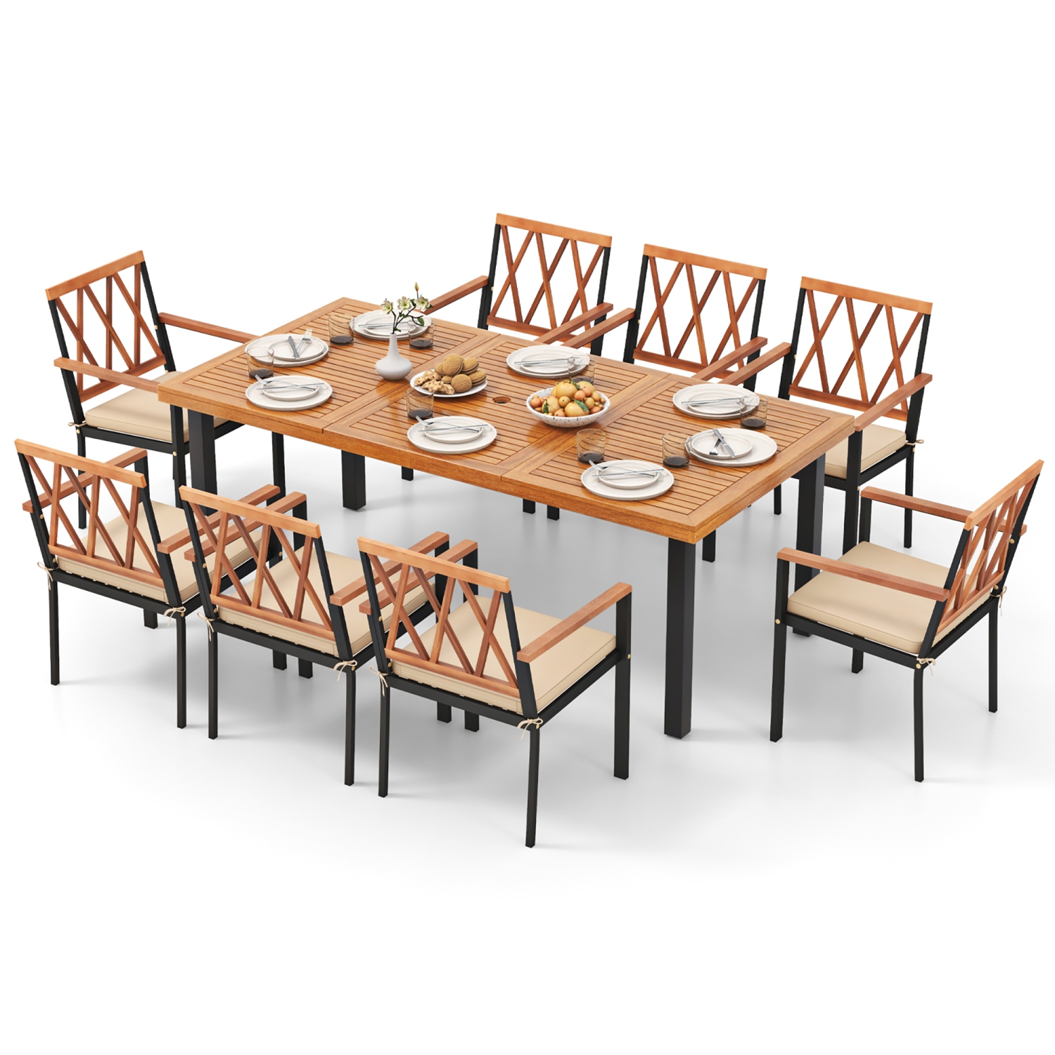 Gymax 9 PCS Patio Dining Set Acacia Wood Table w/ Soft Cushions and 1.9'' Umbrella Hole