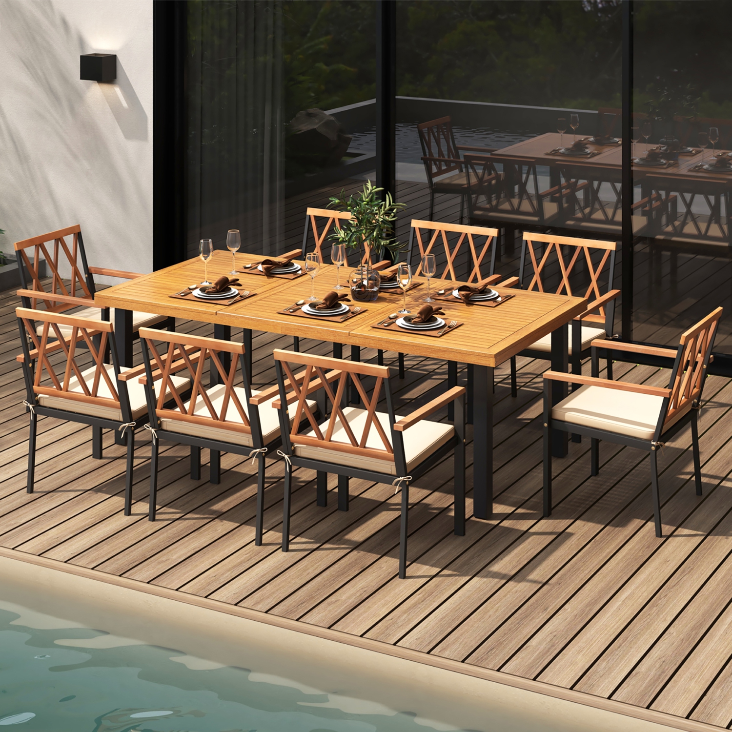 Gymax 9 PCS Patio Dining Set Acacia Wood Table w/ Soft Cushions and 1.9'' Umbrella Hole