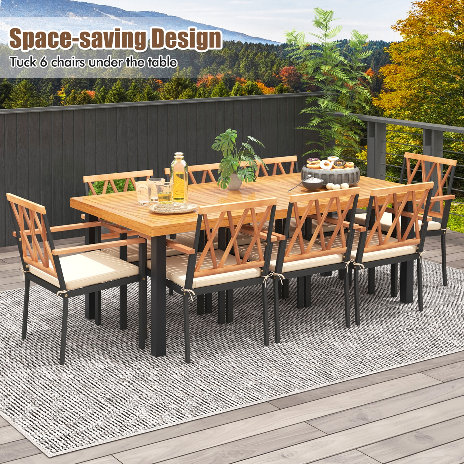 Gymax 9 PCS Patio Dining Set Acacia Wood Table w/ Soft Cushions and 1.9'' Umbrella Hole