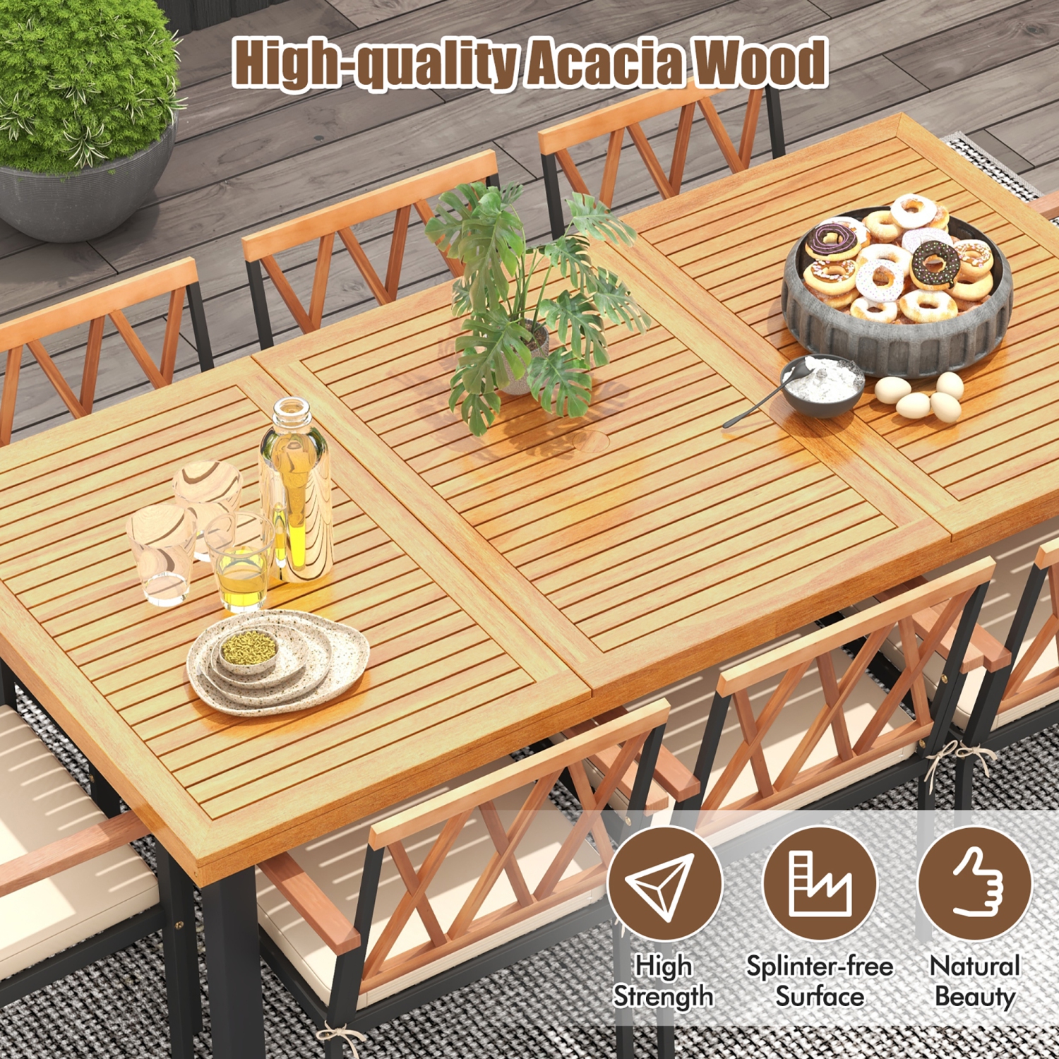 Gymax 9 PCS Patio Dining Set Acacia Wood Table w/ Soft Cushions and 1.9'' Umbrella Hole