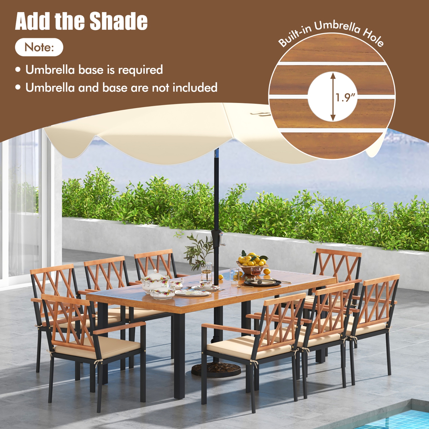 Gymax 9 PCS Patio Dining Set Acacia Wood Table w/ Soft Cushions and 1.9'' Umbrella Hole