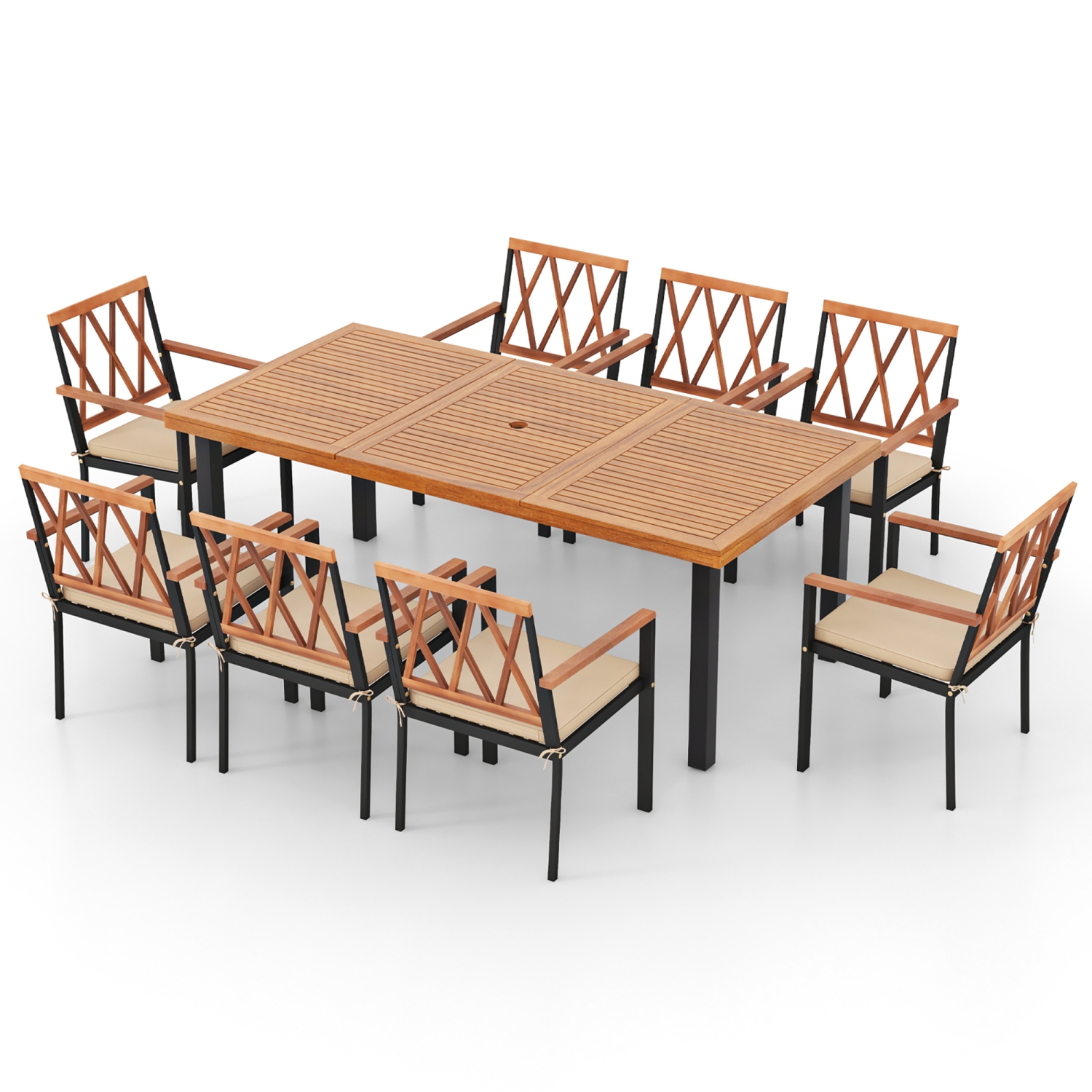 Gymax 9 PCS Patio Dining Set Acacia Wood Table w/ Soft Cushions and 1.9'' Umbrella Hole