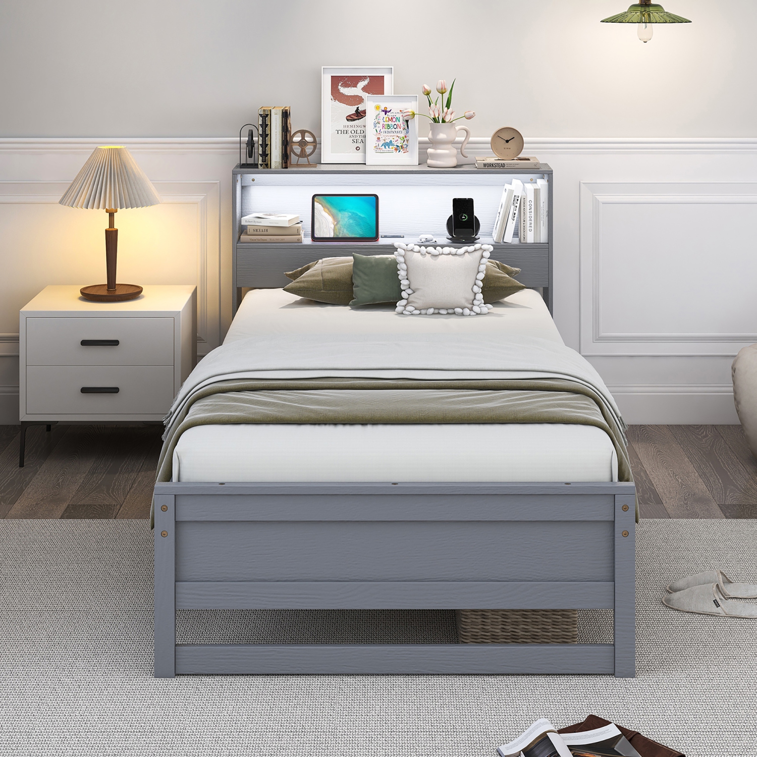 Gymax Twin Size Wooden Bed Frame w/ Charging Station & LED Light Storage Headboard