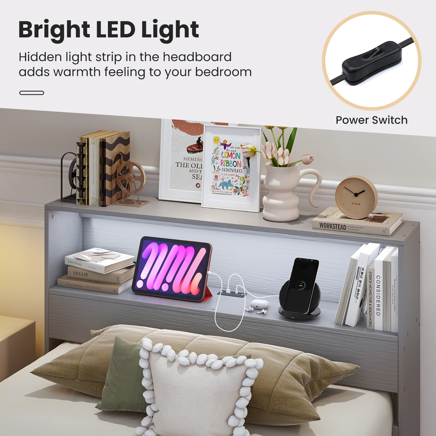 Gymax Twin Size Wooden Bed Frame w/ Charging Station & LED Light Storage Headboard