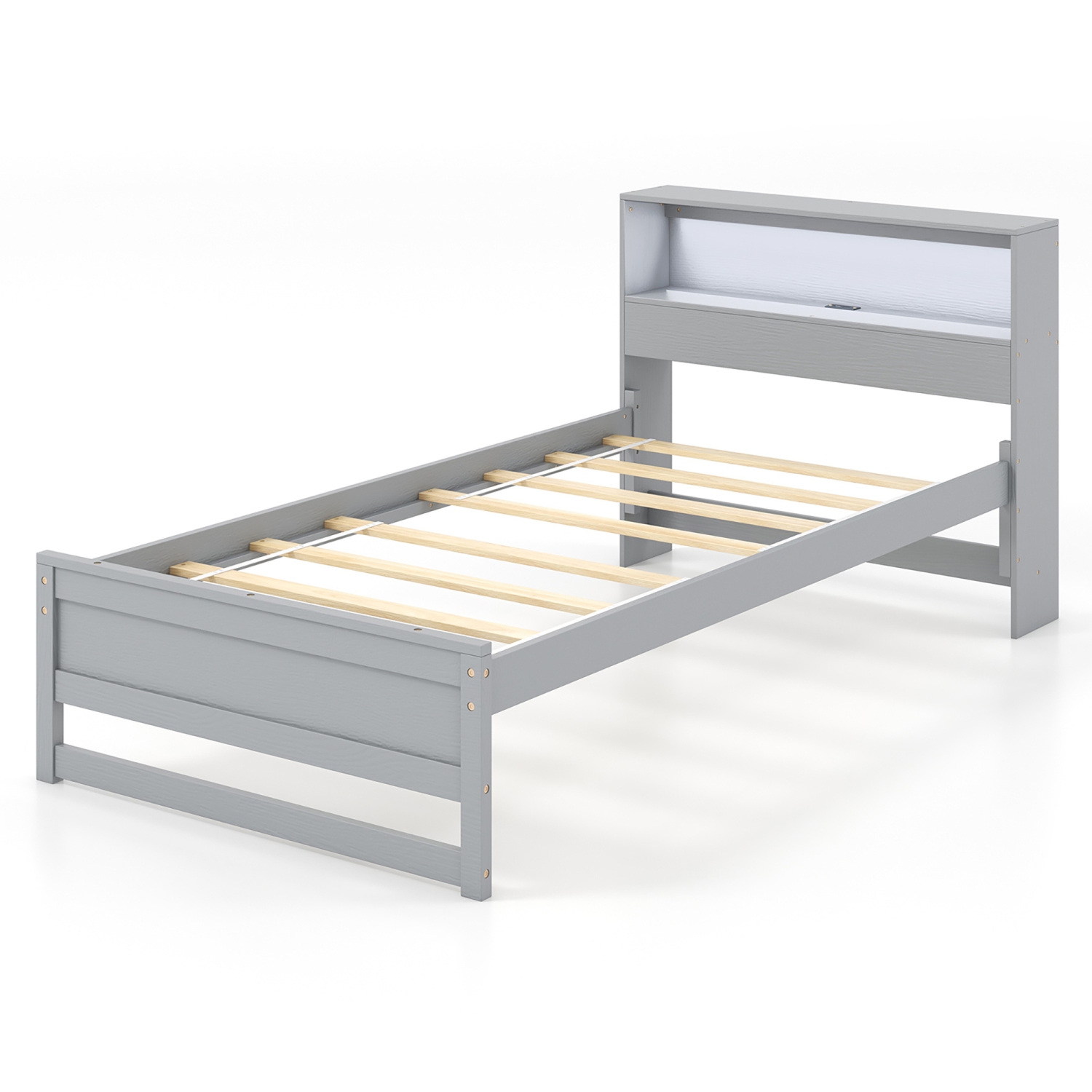 Gymax Twin Size Wooden Bed Frame w/ Charging Station & LED Light Storage Headboard