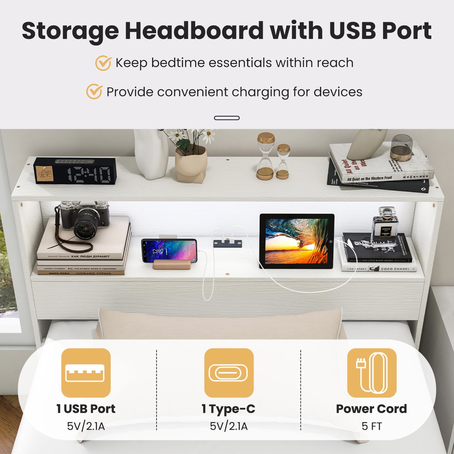 Gymax Twin Size Wooden Bed Frame w/ Charging Station & LED Light Storage Headboard