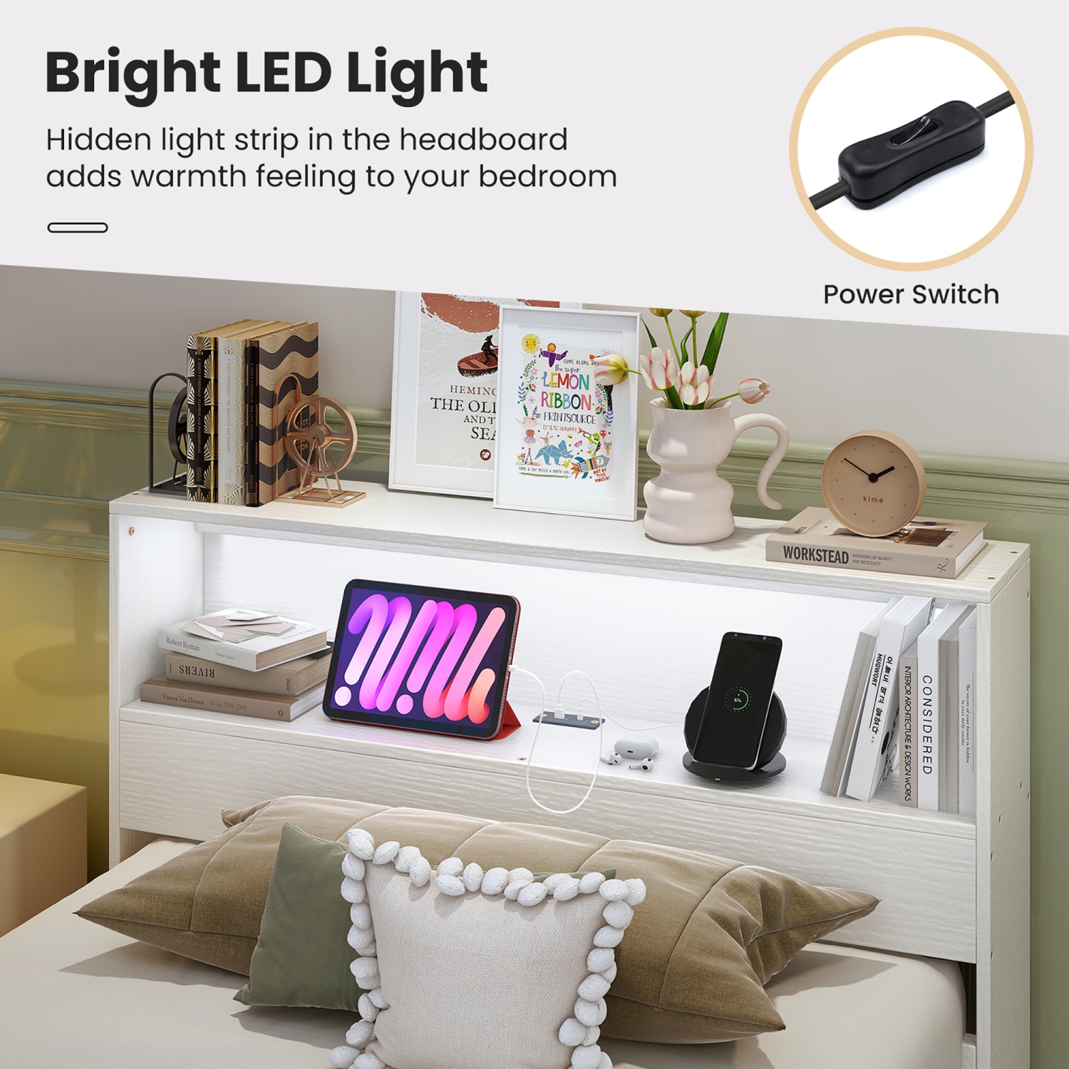 Gymax Twin Size Wooden Bed Frame w/ Charging Station & LED Light Storage Headboard