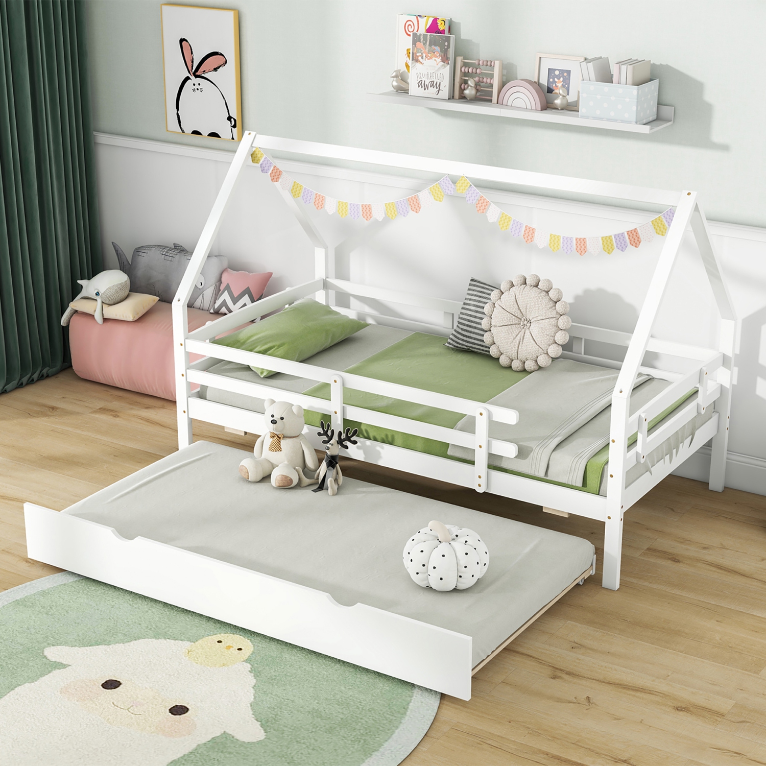 Gymax Twin Size House Bed w/ Trundle Wooden Kids Bed w/ Safety Rails & Decorable Roof