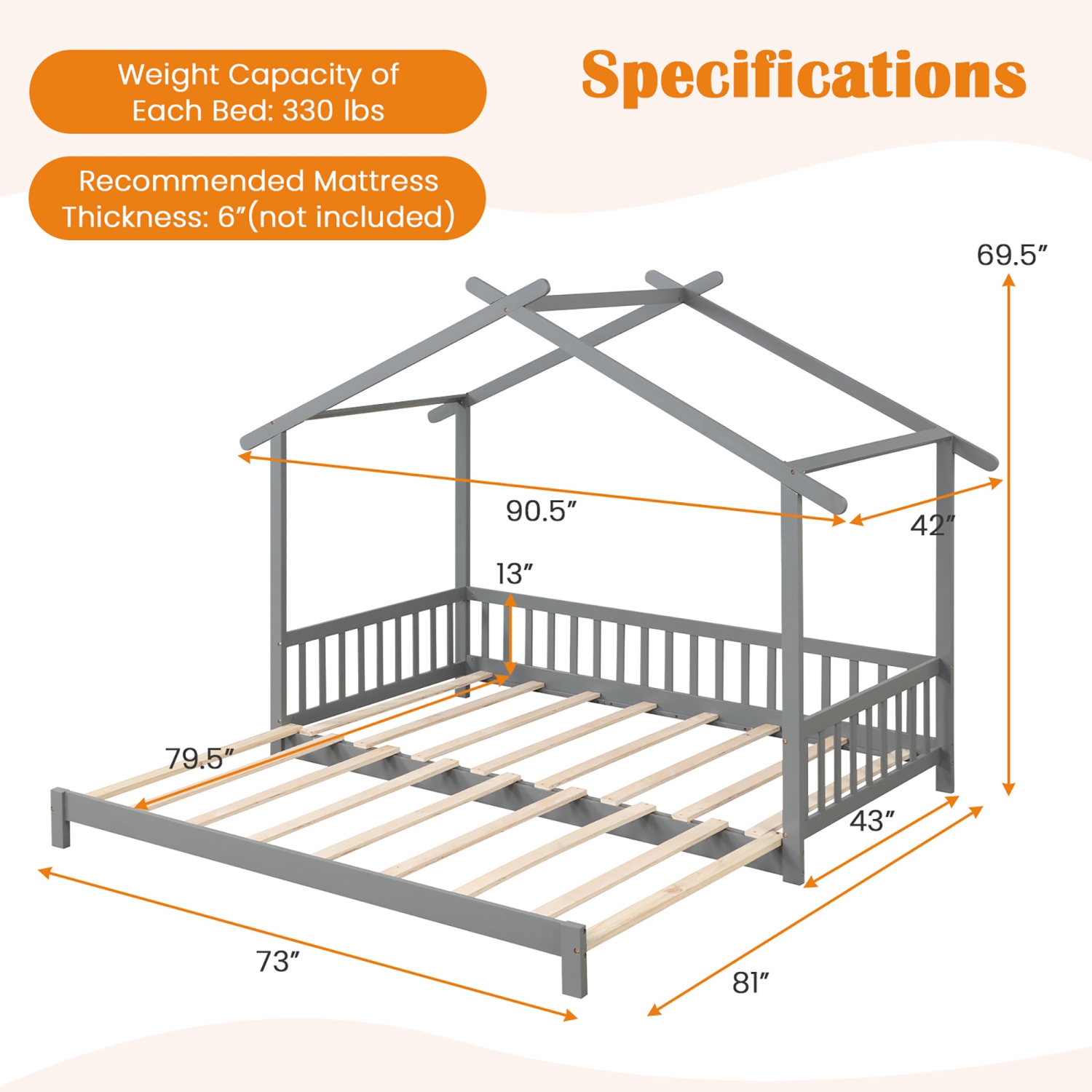 Gymax Wooden House Bed Twin to King Daybed w/ Safety Rails & Decorable Roof
