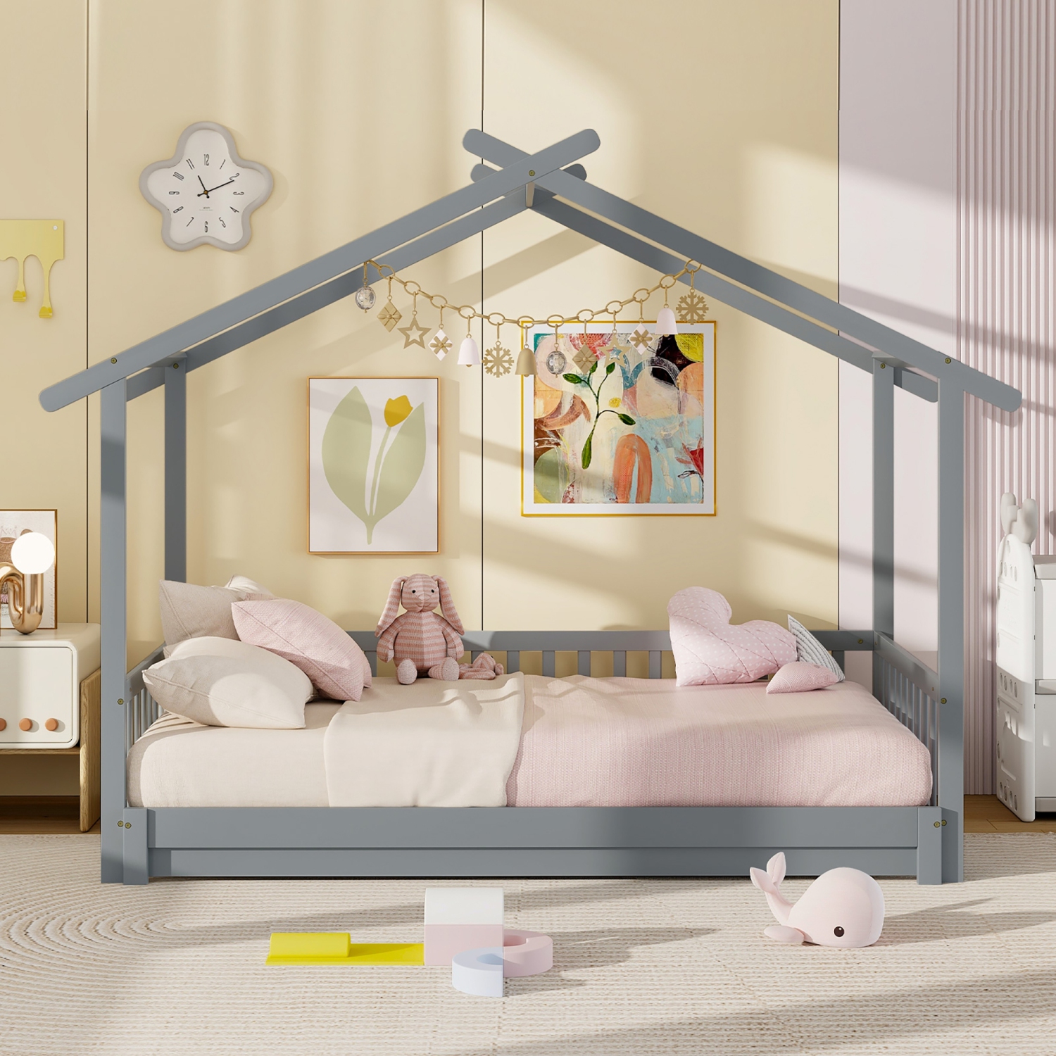 Gymax Wooden House Bed Twin to King Daybed w/ Safety Rails & Decorable Roof