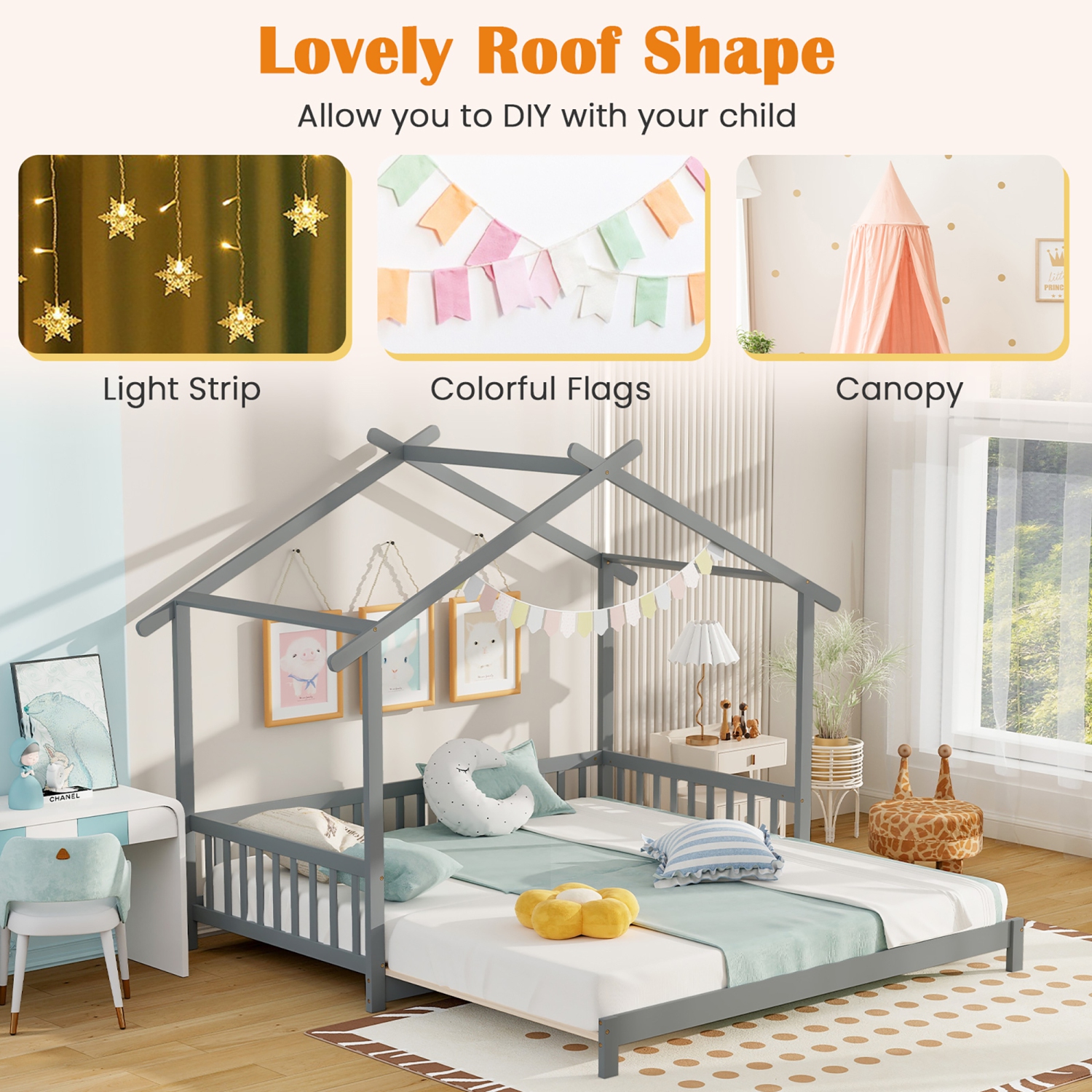 Gymax Wooden House Bed Twin to King Daybed w/ Safety Rails & Decorable Roof