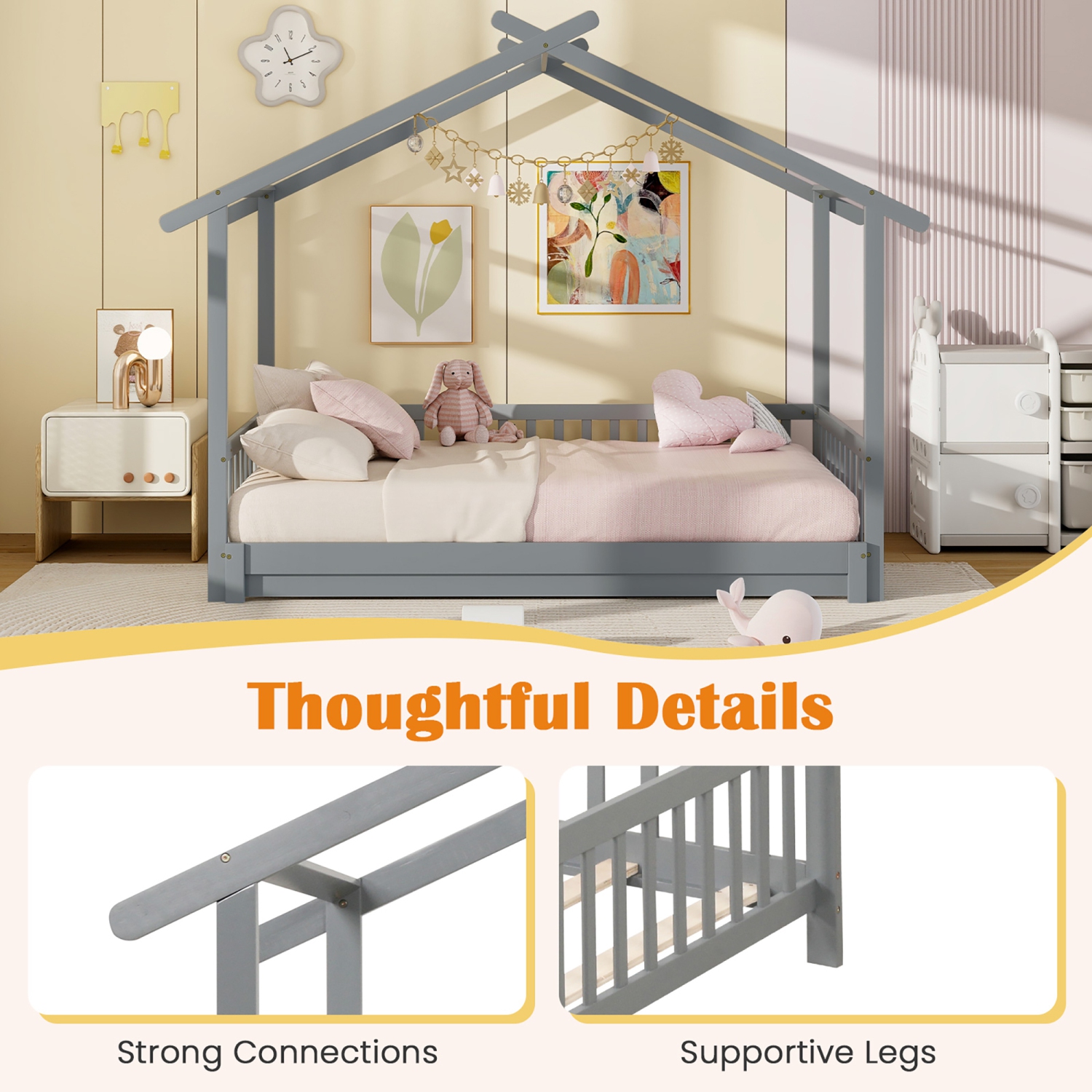 Gymax Wooden House Bed Twin to King Daybed w/ Safety Rails & Decorable Roof