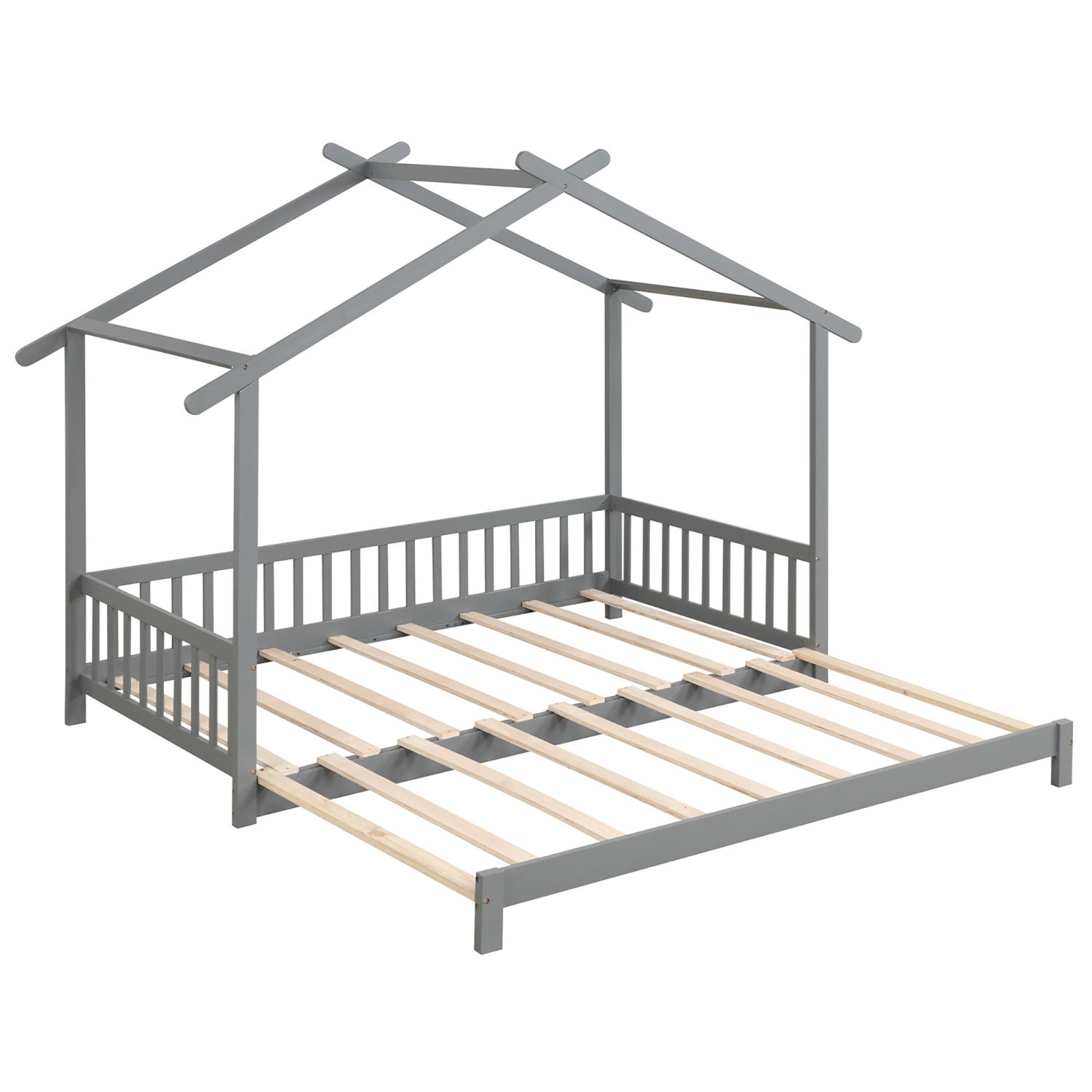 Gymax Wooden House Bed Twin to King Daybed w/ Safety Rails & Decorable Roof