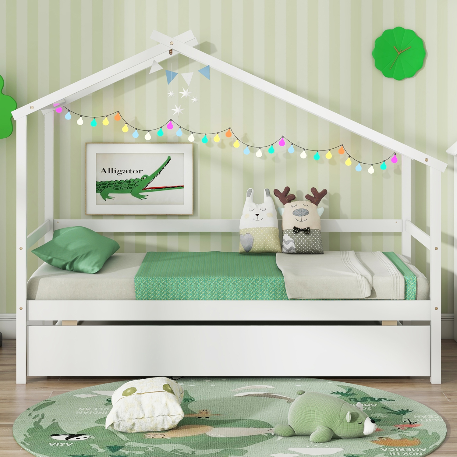 Gymax Twin House Bed w/ Trundle w/ Roof & Fence Rails Wooden Platform Bed Frame