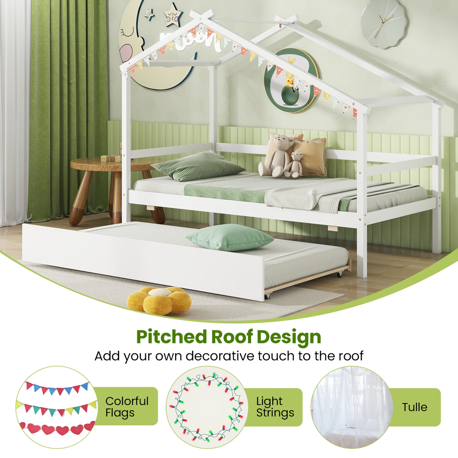 Gymax Twin House Bed w/ Trundle w/ Roof & Fence Rails Wooden Platform Bed Frame