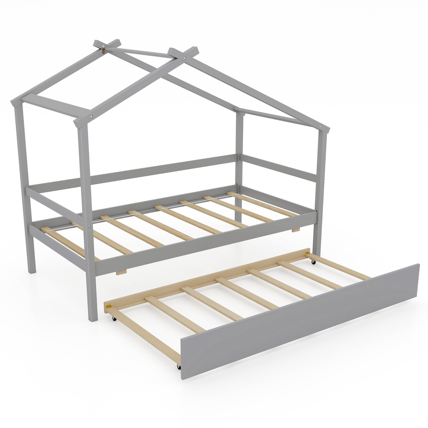 Gymax Twin House Bed w/ Trundle w/ Roof & Fence Rails Wooden Platform Bed Frame