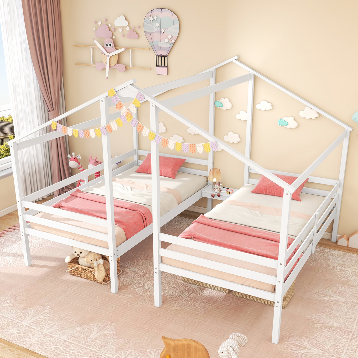 Gymax Double Twin Size Bed Frames for Kids with Built-in Table & USB Port Guardrails
