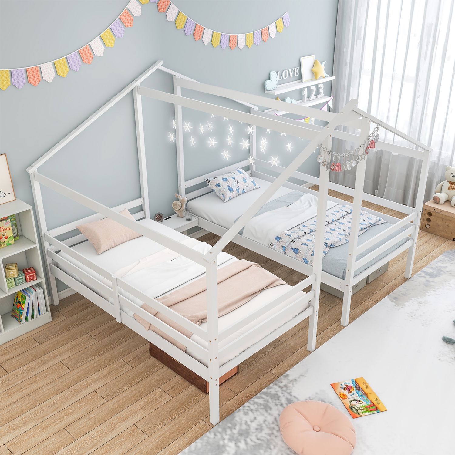 Gymax Double Twin Size Bed Frames for Kids with Built-in Table & USB Port Guardrails
