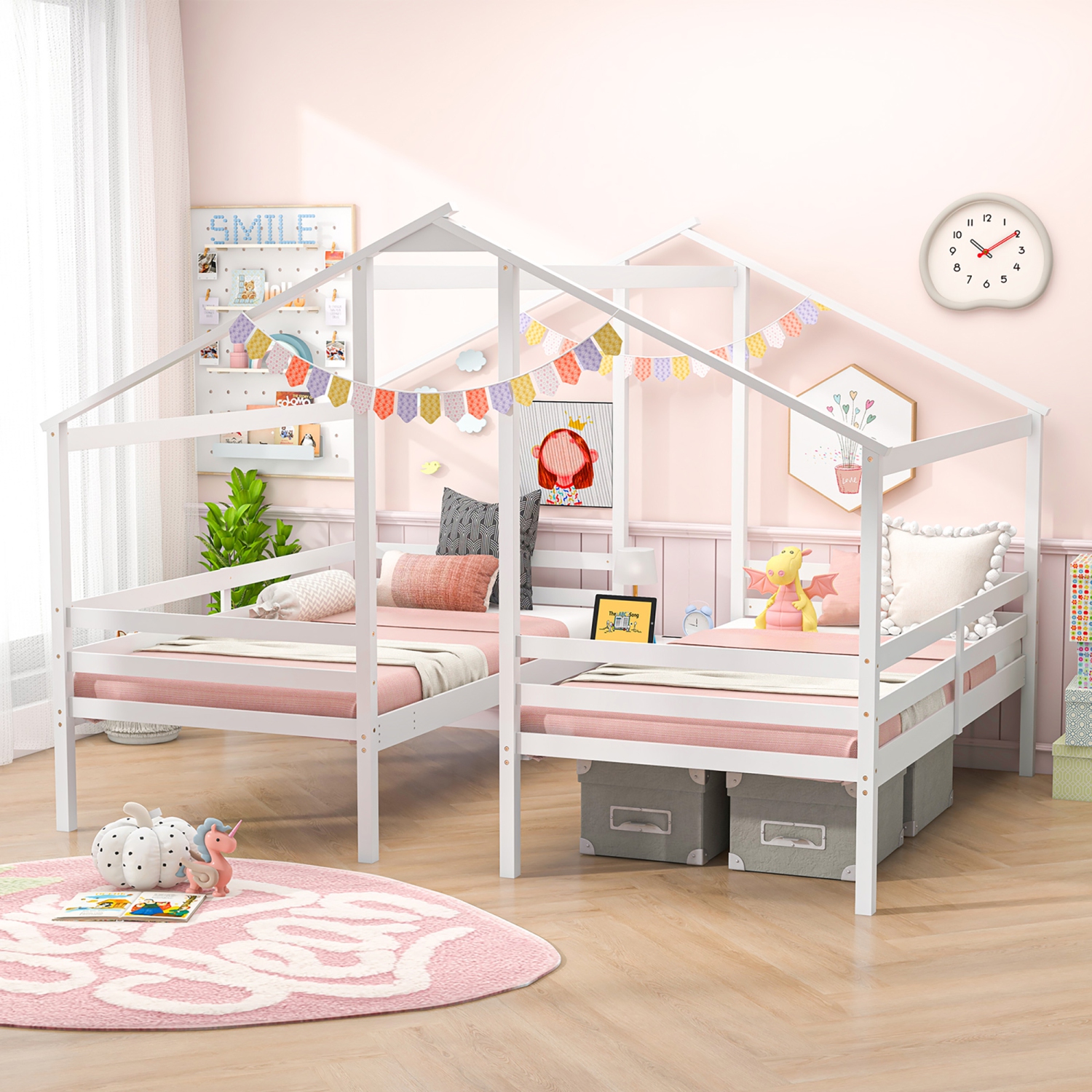 Gymax Double Twin Size Bed Frames for Kids with Built-in Table & USB Port Guardrails