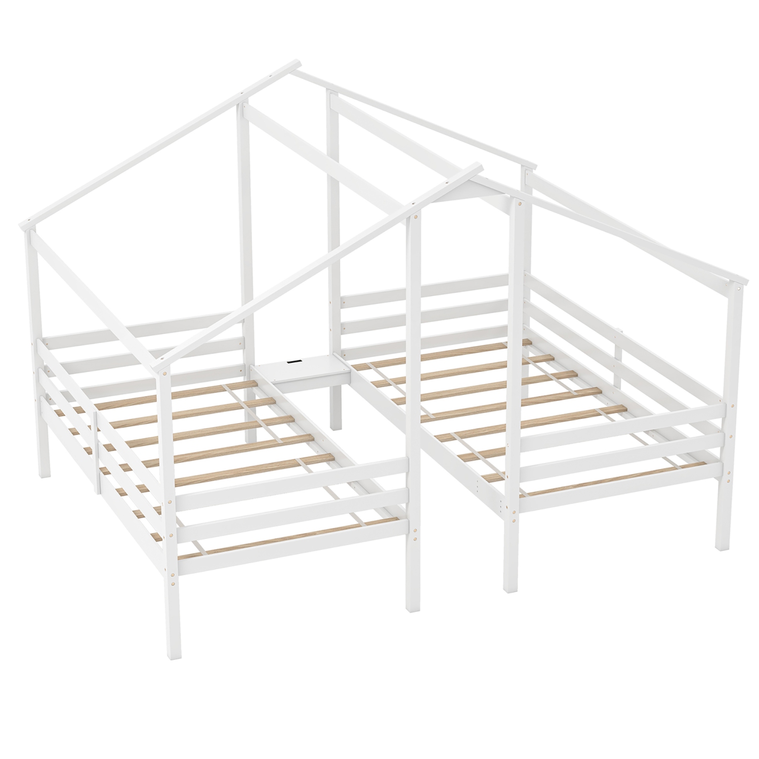 Gymax Double Twin Size Bed Frames for Kids with Built-in Table & USB Port Guardrails