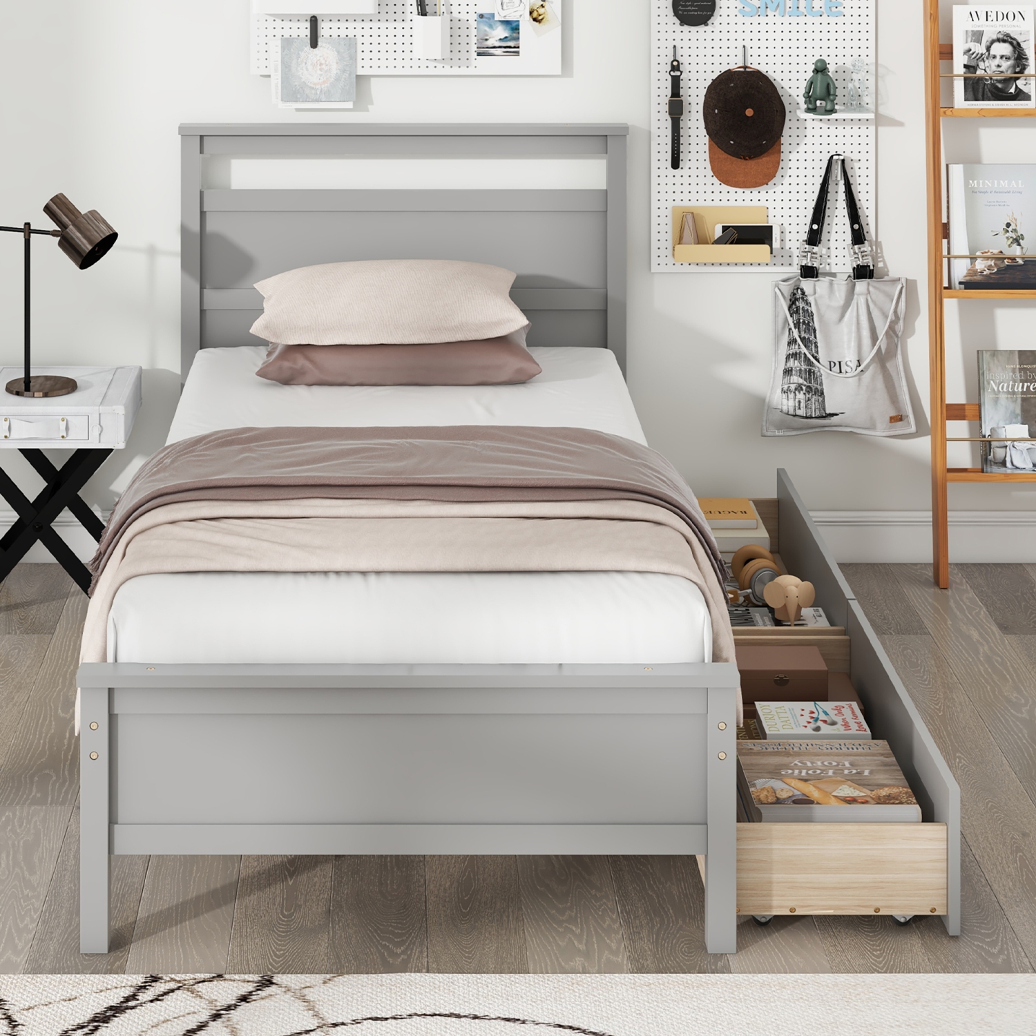 Gymax Twin Size Platform Bed w/ Drawers 2 Pull-out Drawers Headboard & Footboard Gray