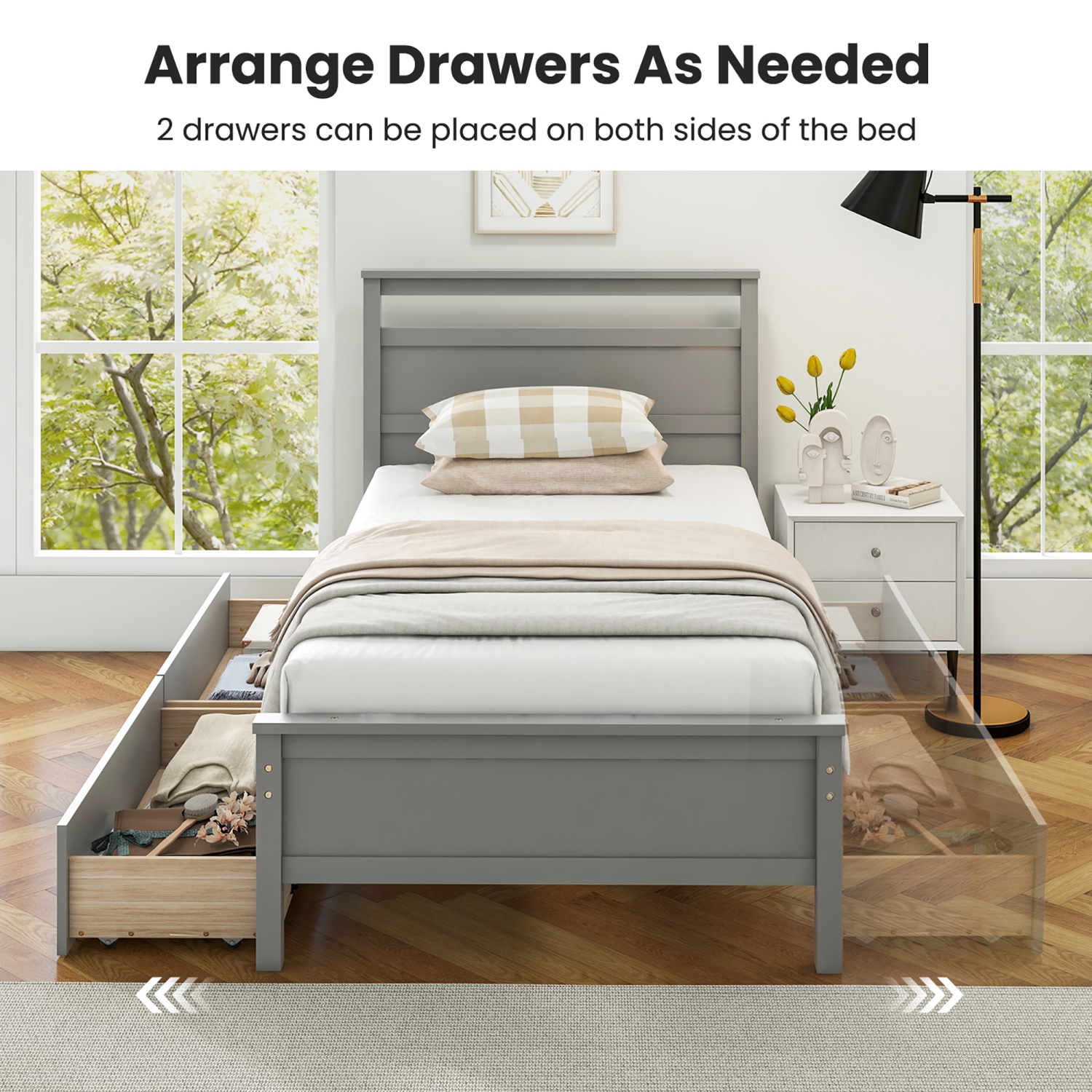 Gymax Twin Size Platform Bed w/ Drawers 2 Pull-out Drawers Headboard & Footboard Gray