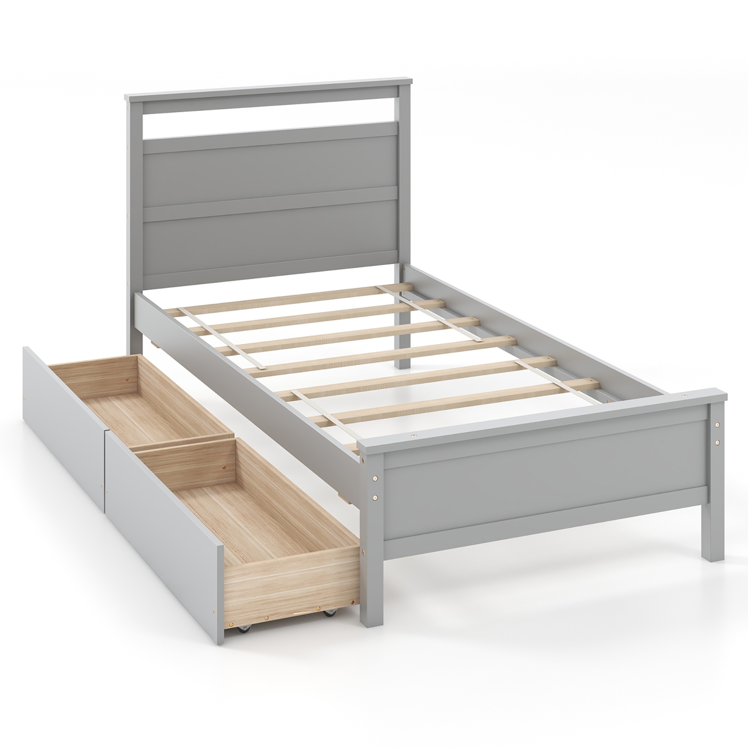 Gymax Twin Size Platform Bed w/ Drawers 2 Pull-out Drawers Headboard & Footboard Gray