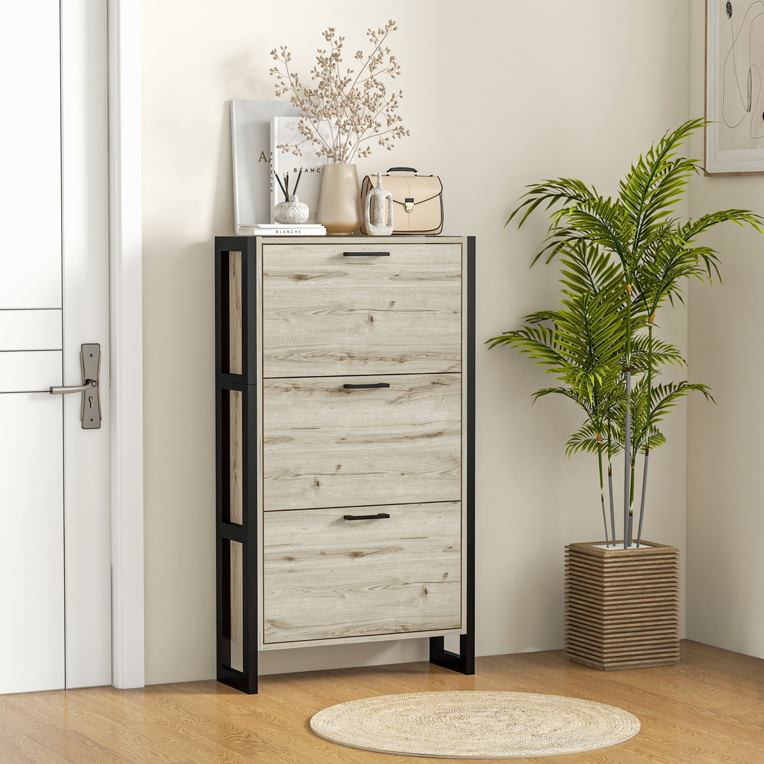 HOMCOM Industrial Shoe Cabinet with 3 Flip Drawers and Adjustable Shelf, Freestanding Narrow Shoe Storage Cabinet for Entryway, Hallway, Holds 15