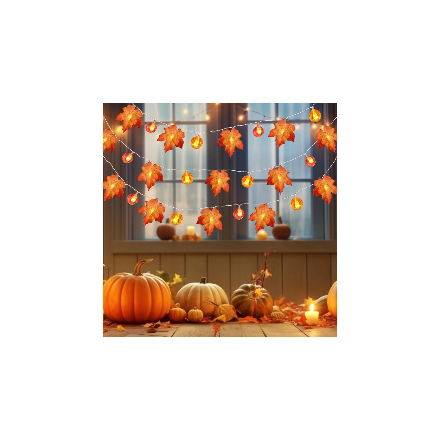 YOULIGHTS 19.6ft/6M Maple Leaf Pumpkin String Lights Waterproof, 20 LED Battery Operated