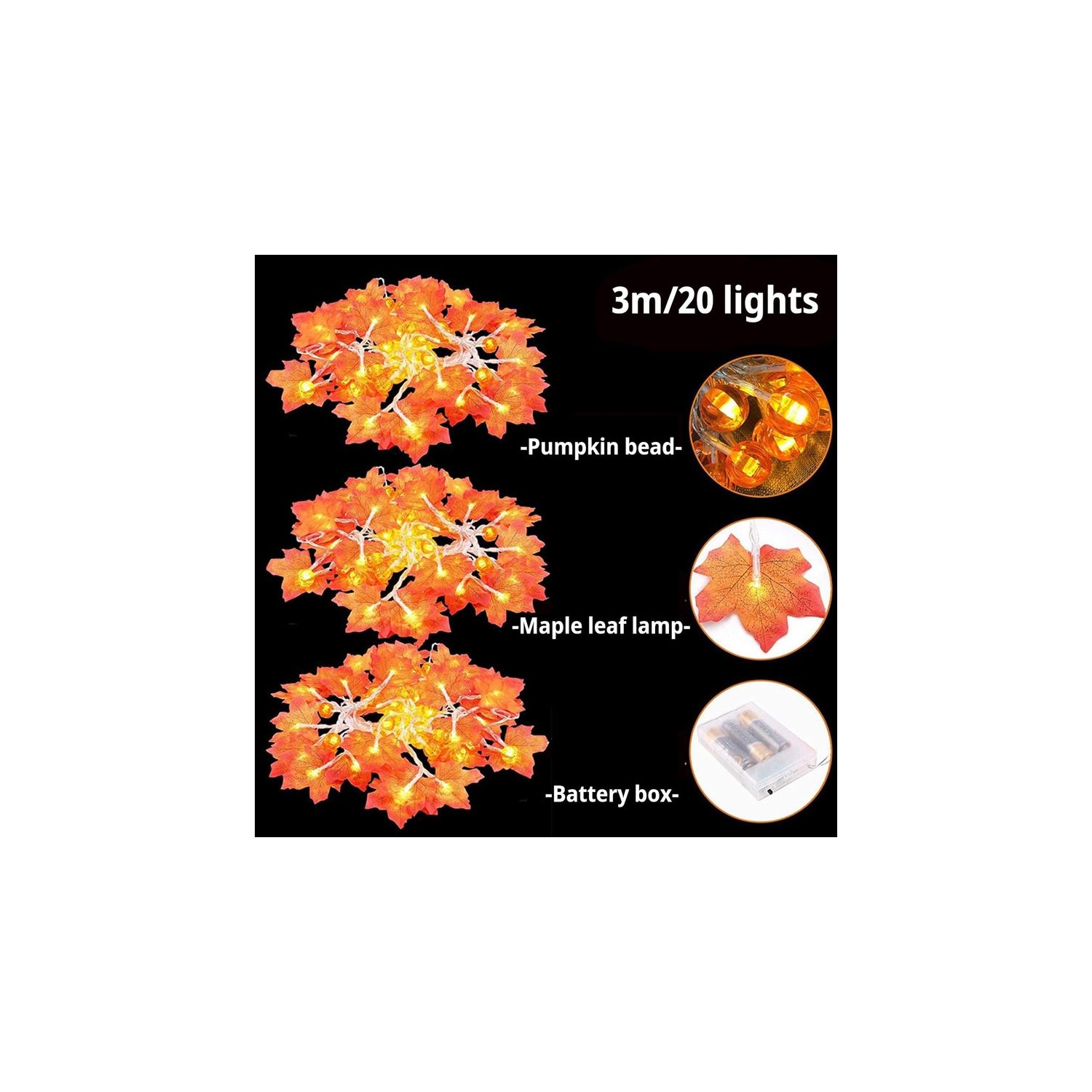 YOULIGHTS 19.6ft/6M Maple Leaf Pumpkin String Lights Waterproof, 20 LED Battery Operated