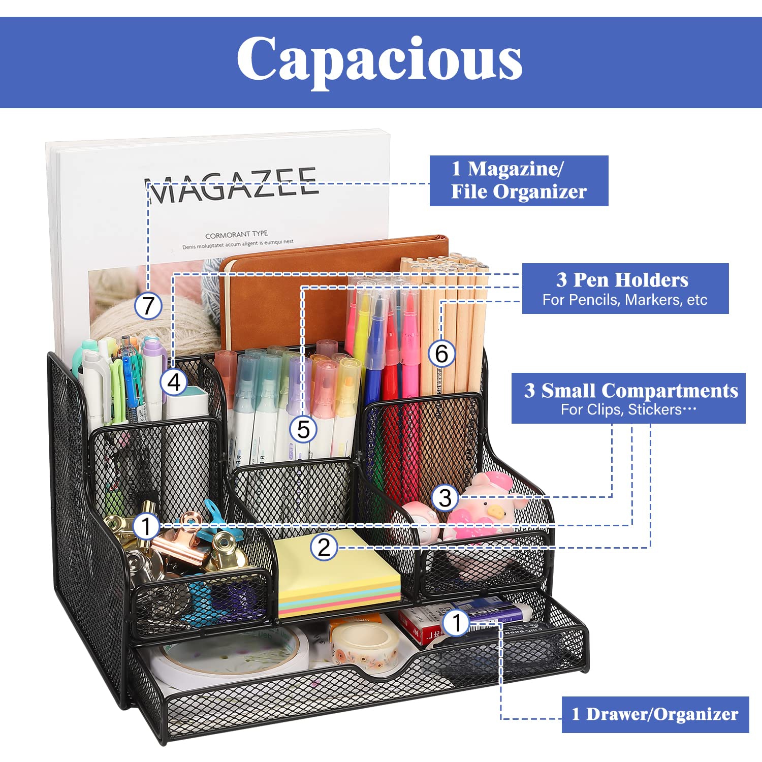 Desk Organizer, Office Organizers with 7 Compartmentsfor Notebook, Pens, Pencils Stationary Accessories Office Supplies
