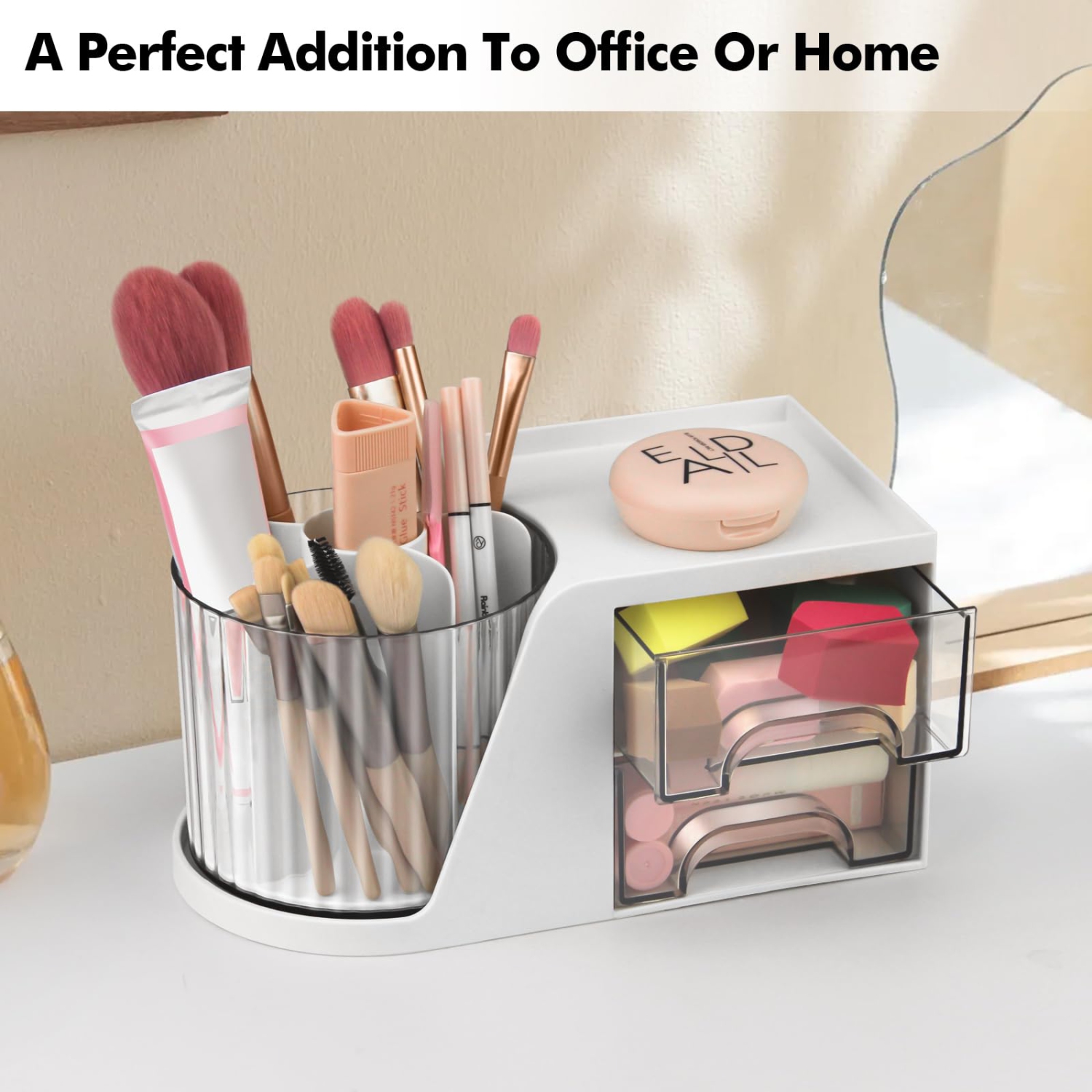 Rotating Desk Organizer, Pen holder with 2 Drawers, Stationery Accessories Cosmetics Storage Box for Office School Home