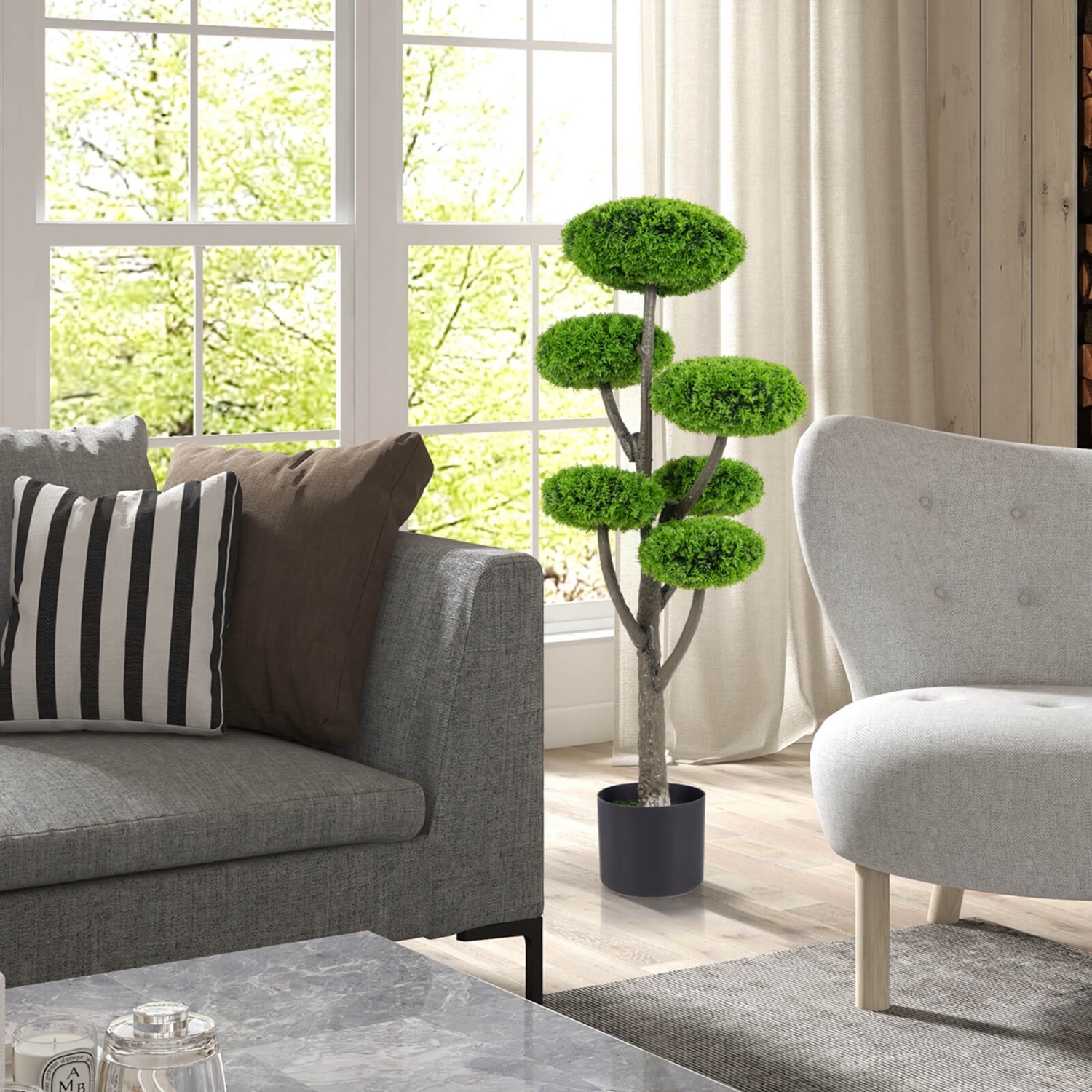 Arbre à boules topiaires en faux cyprès de 2 pièces de Costway avec arbre en cèdre à six boules de merlu