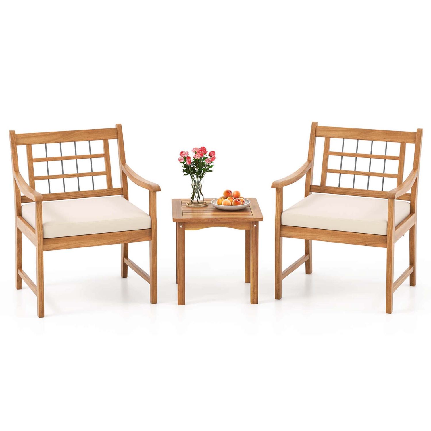 Ensemble patio de bistro de 3 pièces en bois d'acacia avec coussins de Costway