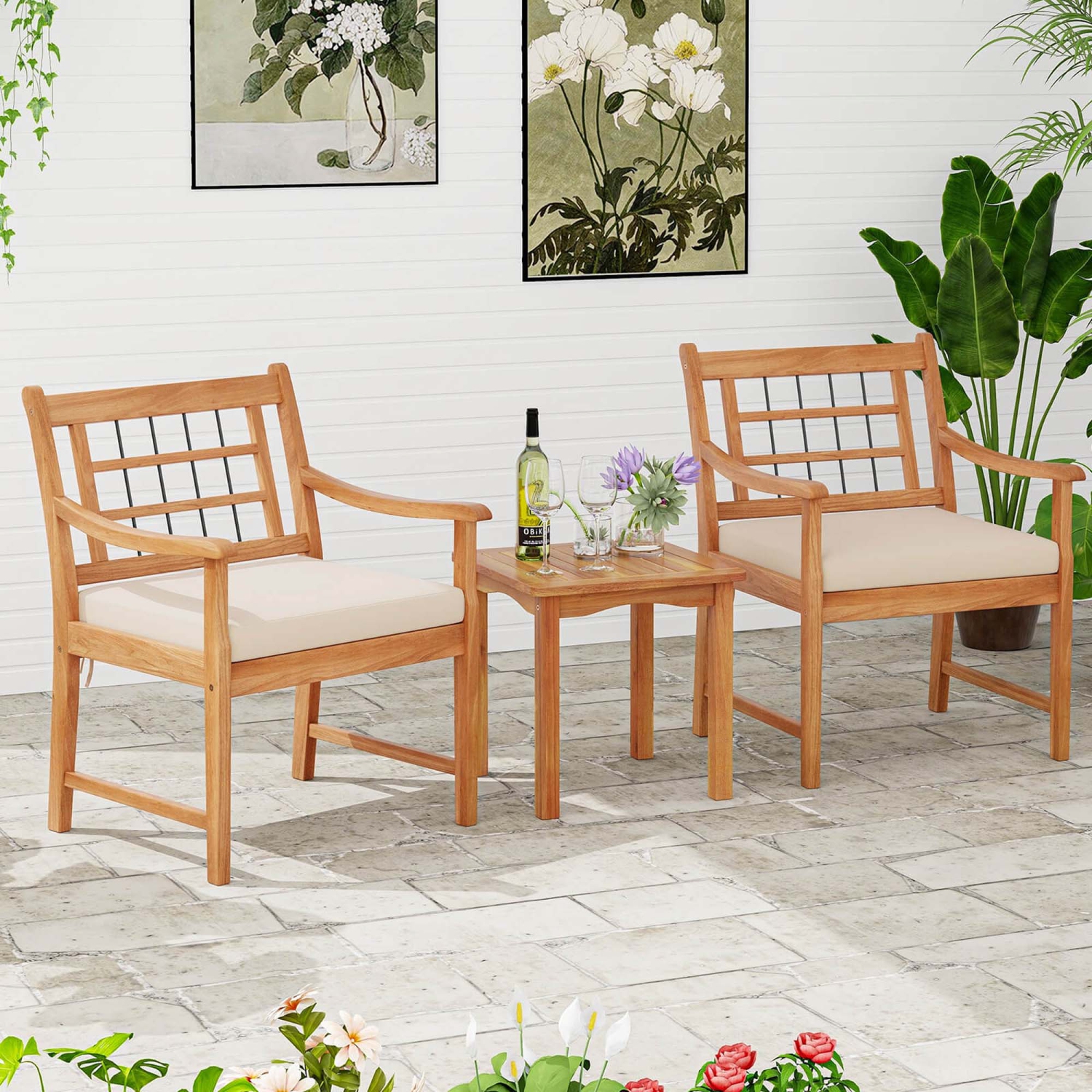 Ensemble patio de bistro de 3 pièces en bois d'acacia avec coussins de Costway