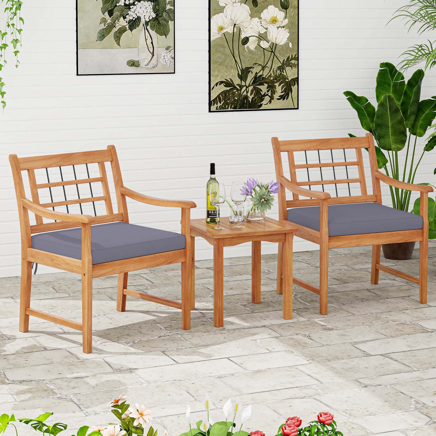 Ensemble patio de bistro de 3 pièces en bois d'acacia avec coussins de Costway