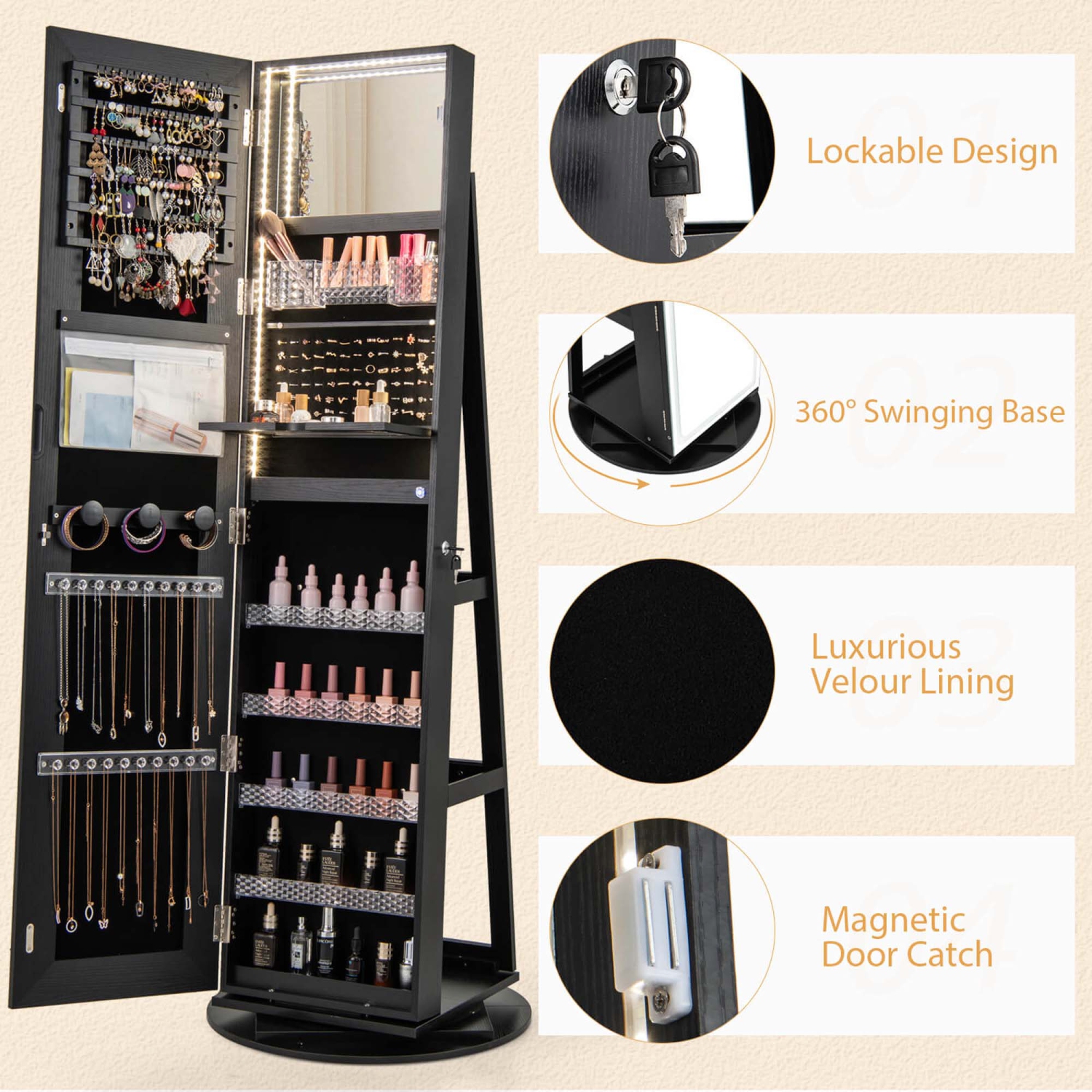 Meuble à bijoux pivotant à 360° avec rangement à 3 couleurs et&nbsp;éclairage intégré de Costway