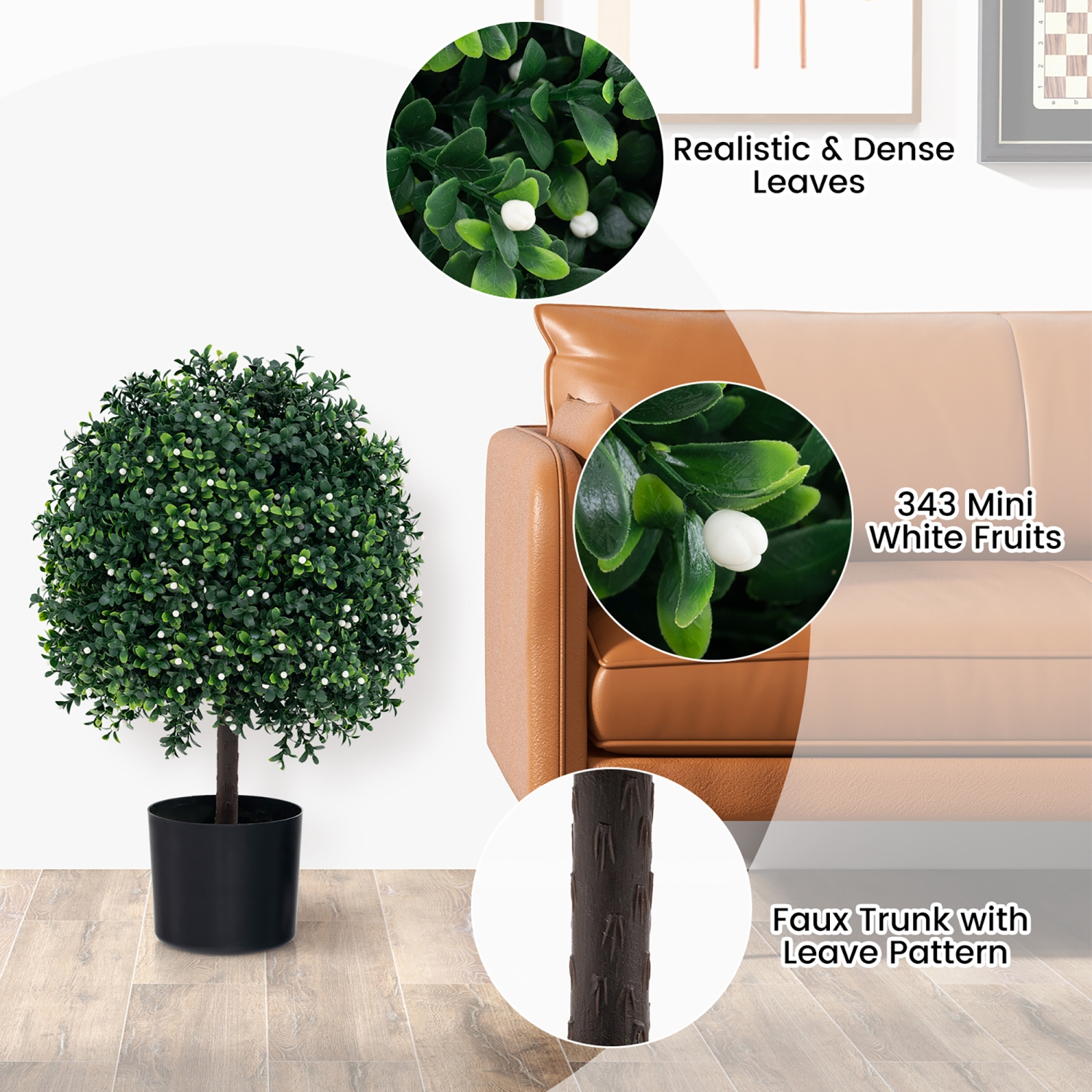 Gymax 2 PCS Artificial Boxwood Topiary Ball Tree w/UV Rated Leaves 343 White Fruits for Home