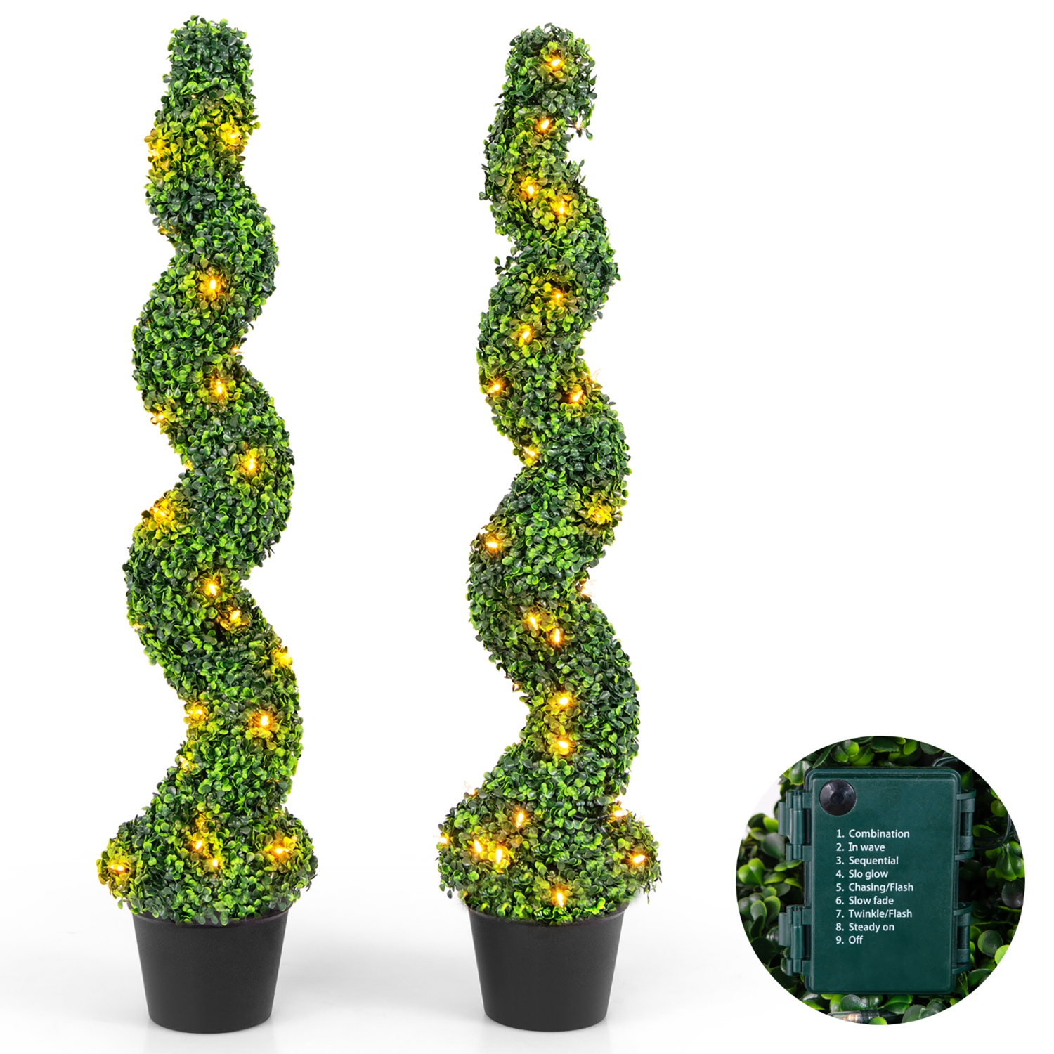 Gymax 47'' Pre-Lit Artificial Boxwood Spiral Topiary Tree Set of 2 w/ 100 LED Lights