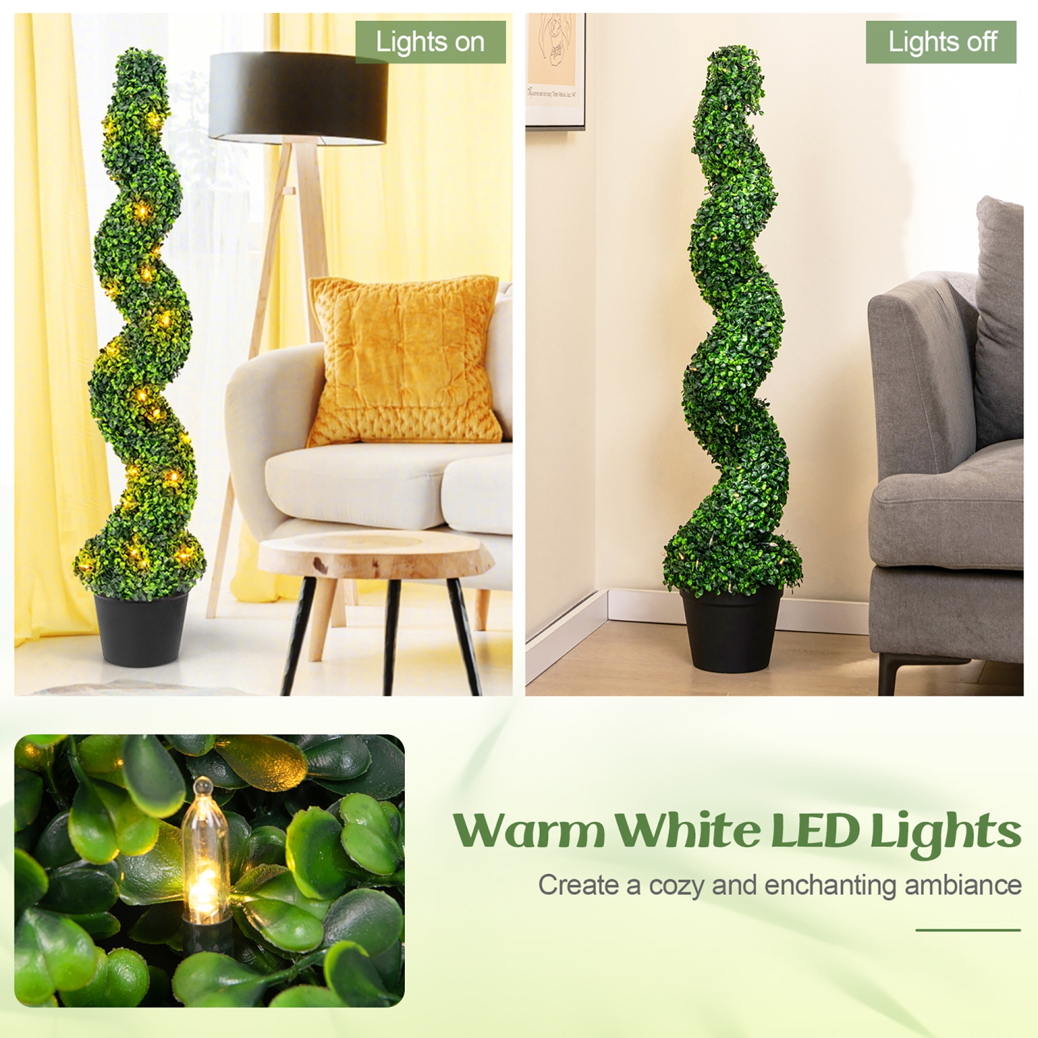 Gymax 47'' Pre-Lit Artificial Boxwood Spiral Topiary Tree Set of 2 w/ 100 LED Lights