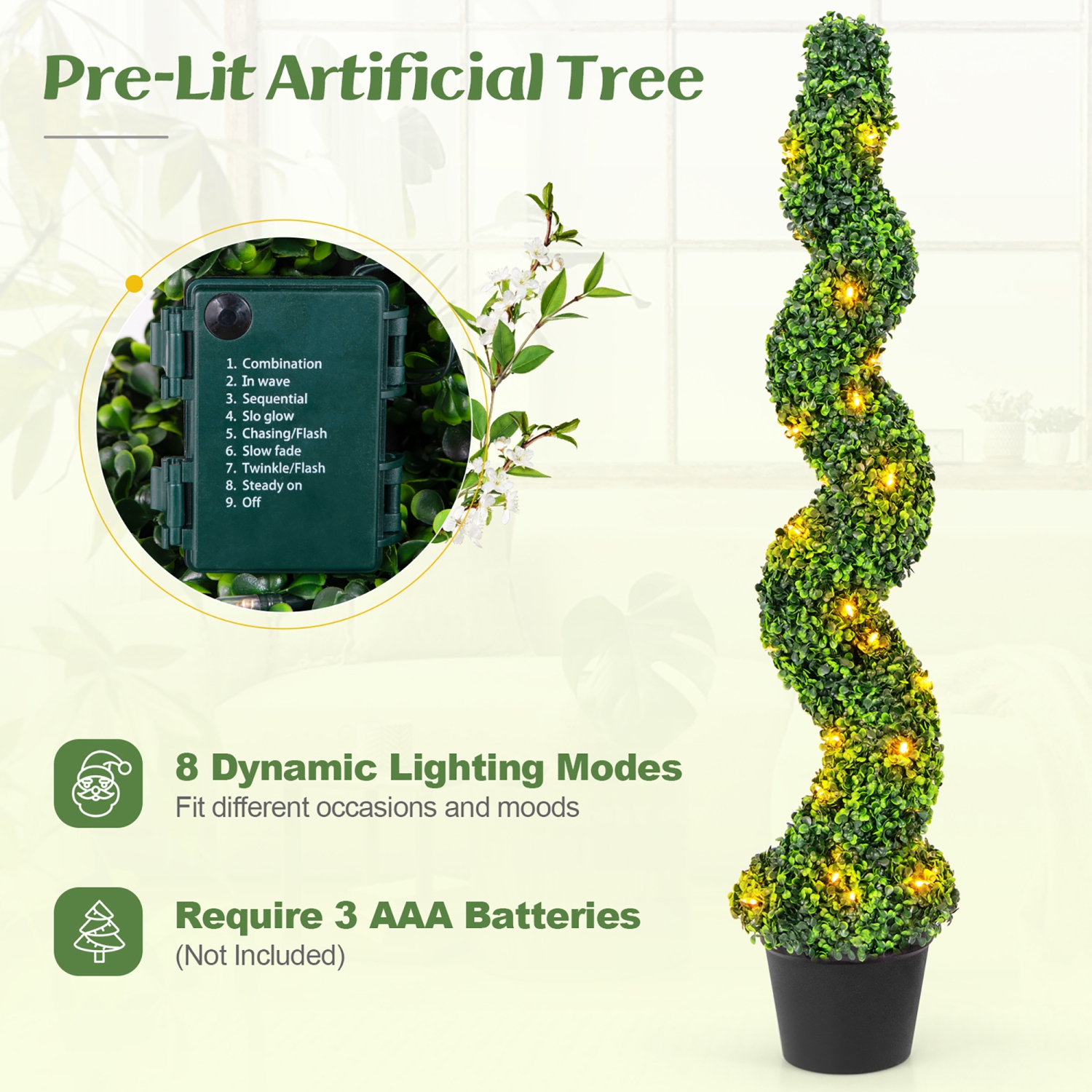 Gymax 47'' Pre-Lit Artificial Boxwood Spiral Topiary Tree Set of 2 w/ 100 LED Lights