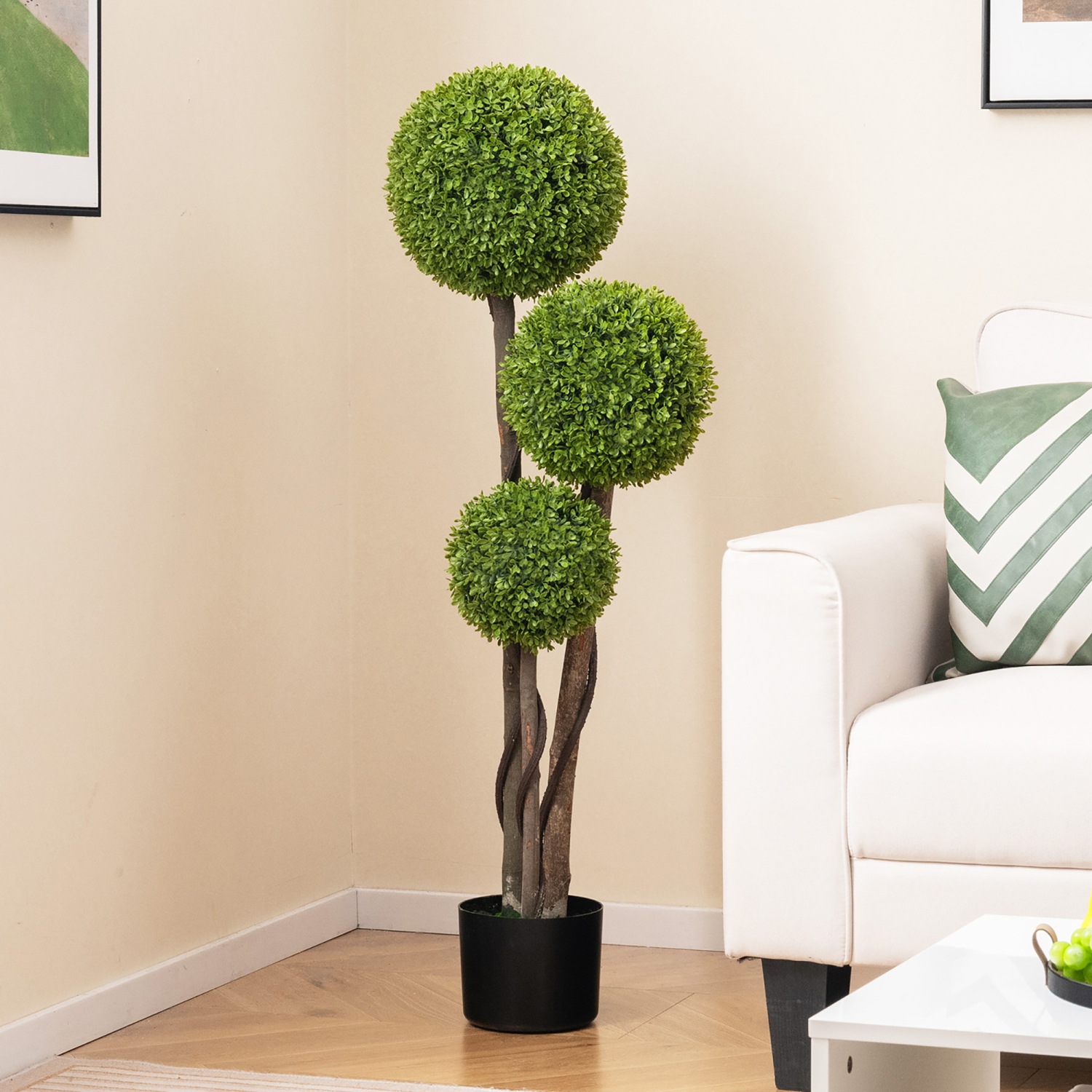 Gymax 4 FT Artificial Boxwood Topiary Ball Tree w/ Triple Ball Faux Greenery Plant