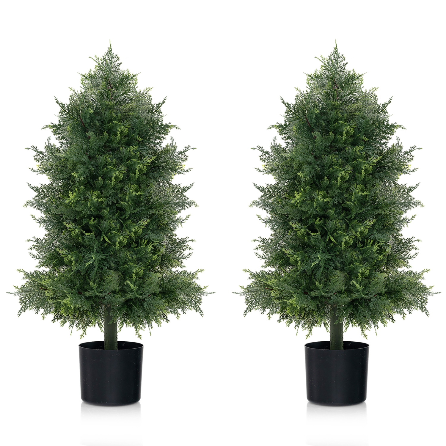 Gymax 2PCS 31.5'' Artificial Cedar Topiary Tree Faux Indoor Floor Plant w/ Sturdy Trunk
