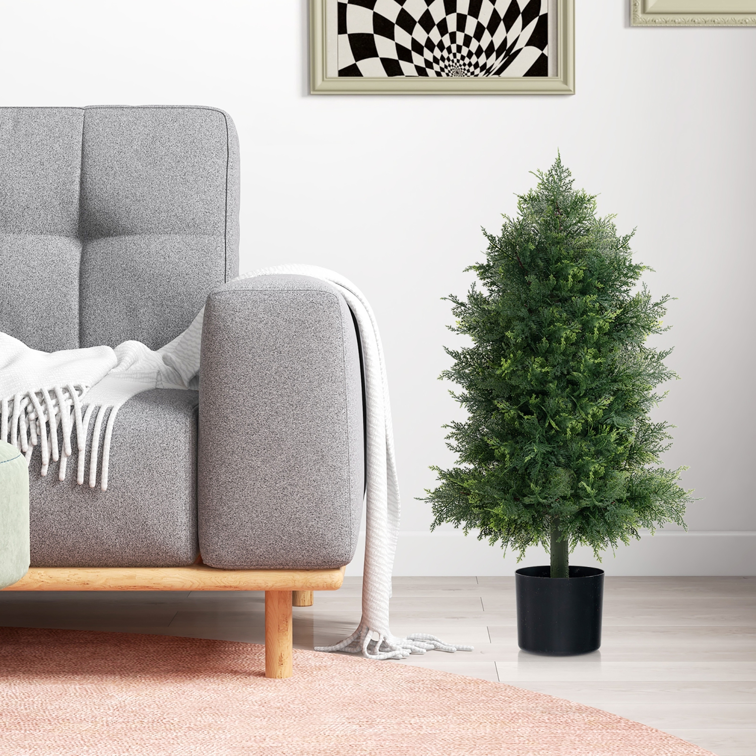 Gymax 2PCS 31.5'' Artificial Cedar Topiary Tree Faux Indoor Floor Plant w/ Sturdy Trunk