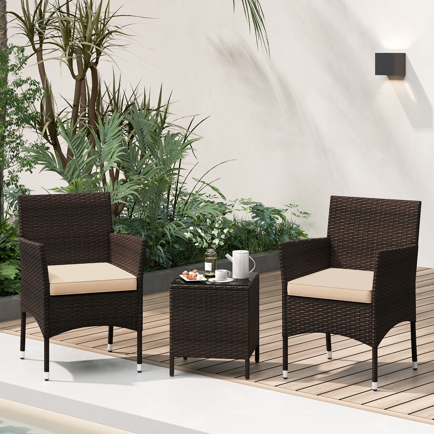 Gymax 3 PCS Outdoor Conversation Set w/ Cushioned Seat & Tempered Glass Tabletop Beige